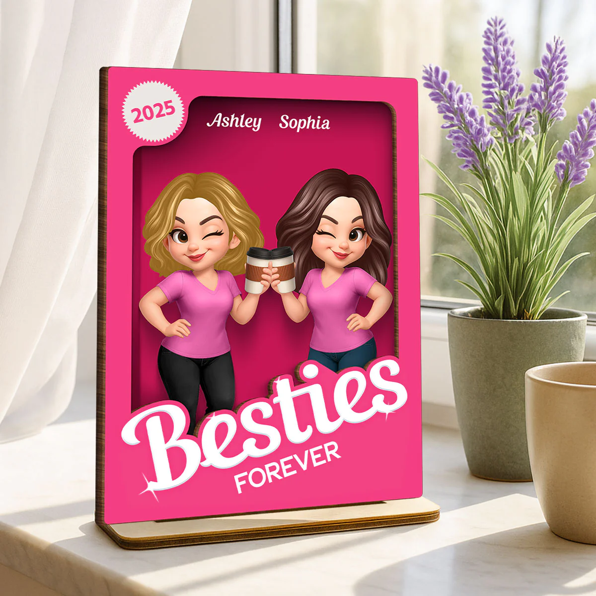 Besties Partner In Crime Pink 3D Effect Action Figure Personalized 2-Layer Standing Wooden Plaque - Image 7