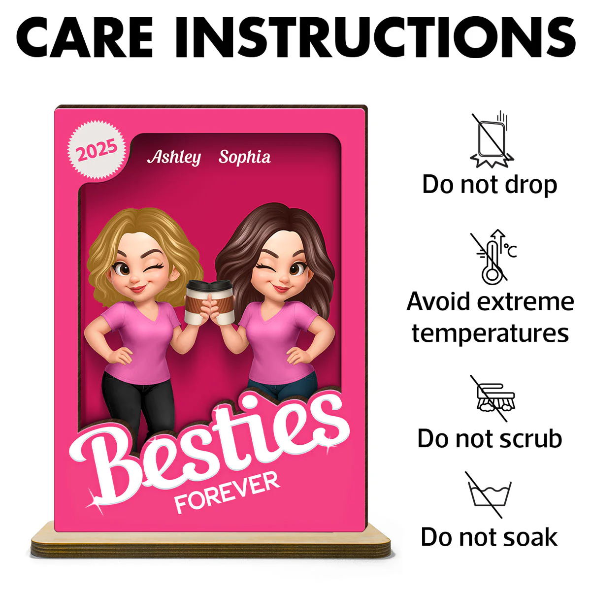 Besties Partner In Crime Pink 3D Effect Action Figure Personalized 2-Layer Standing Wooden Plaque - Image 8