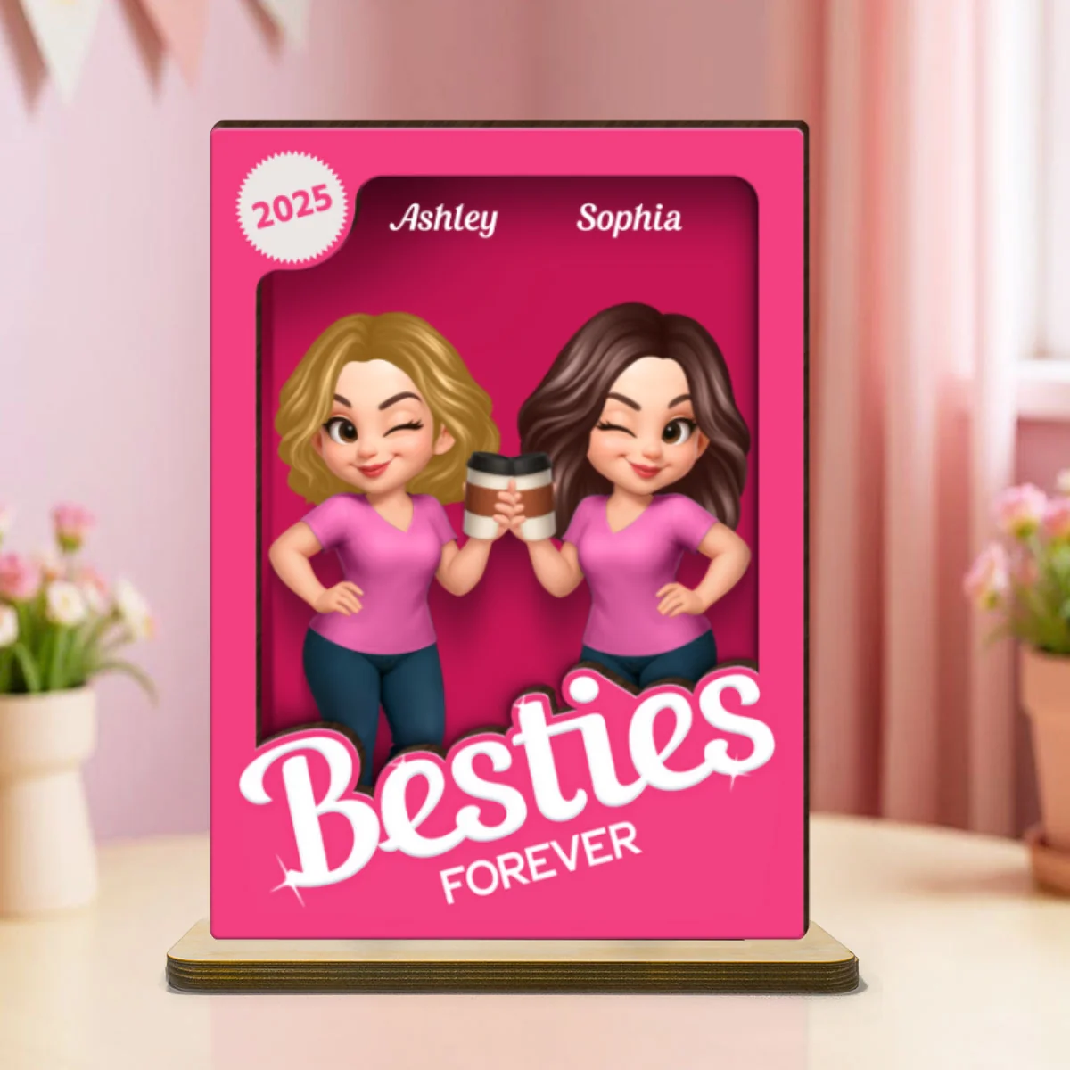 Besties Partner In Crime Pink 3D Effect Action Figure Personalized 2-Layer Standing Wooden Plaque - Image 9