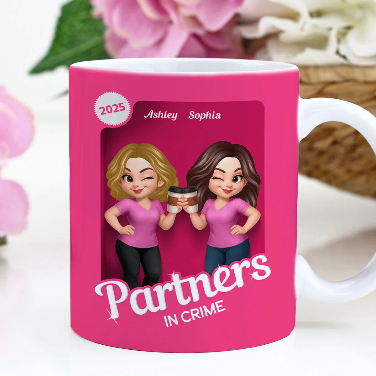 Besties Partner In Crime Pink 3D Effect Action Figure Personalized Mug - Image 2