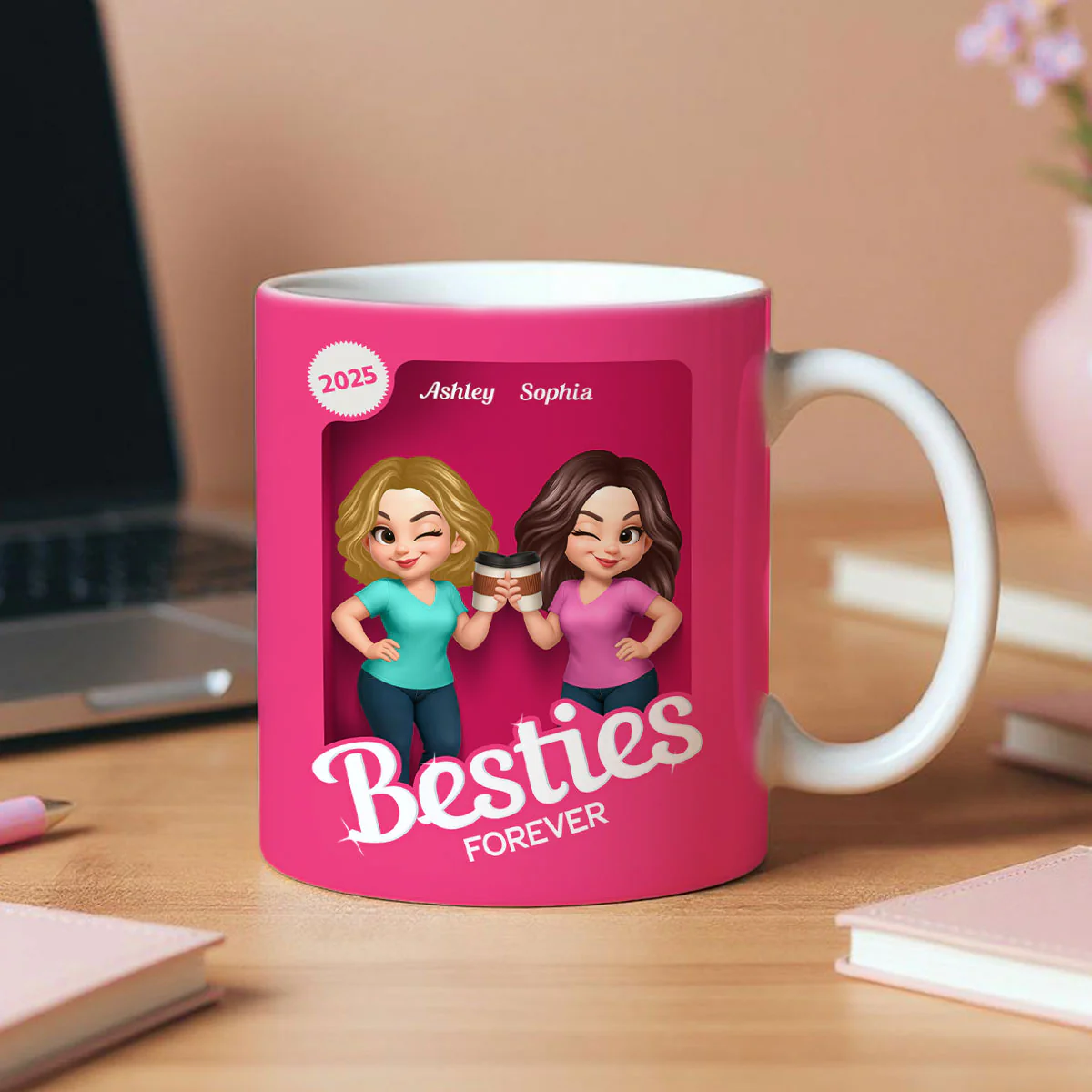 Besties Partner In Crime Pink 3D Effect Action Figure Personalized Mug - Image 5