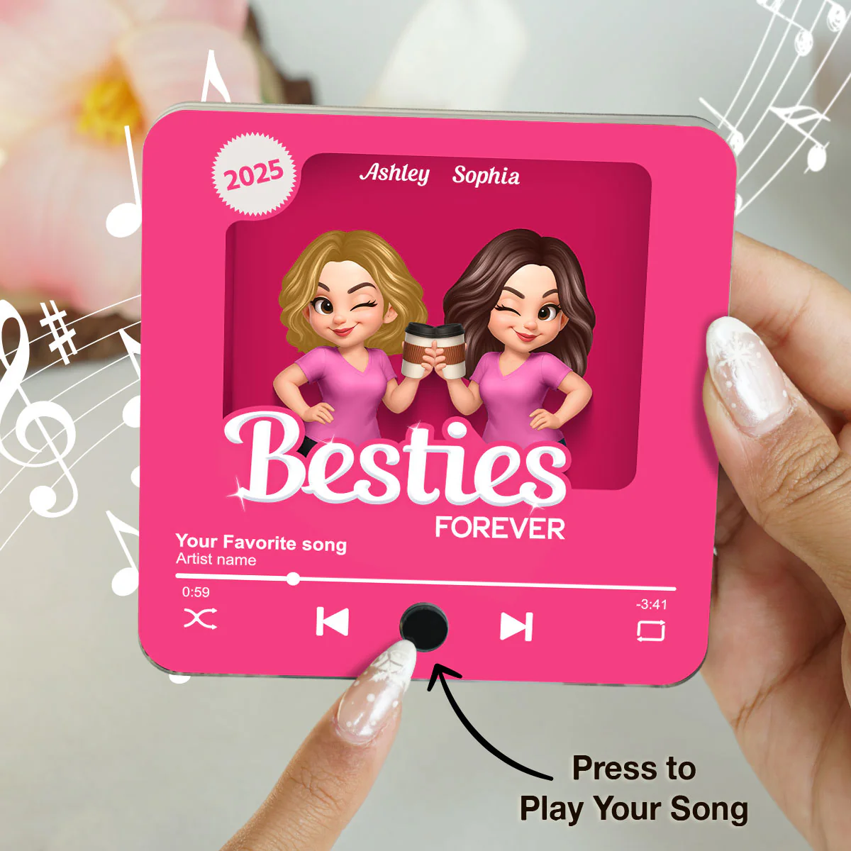Besties Partner In Crime Pink 3D Effect Action Figure - Personalized Music Fridge Magnet - Image 3
