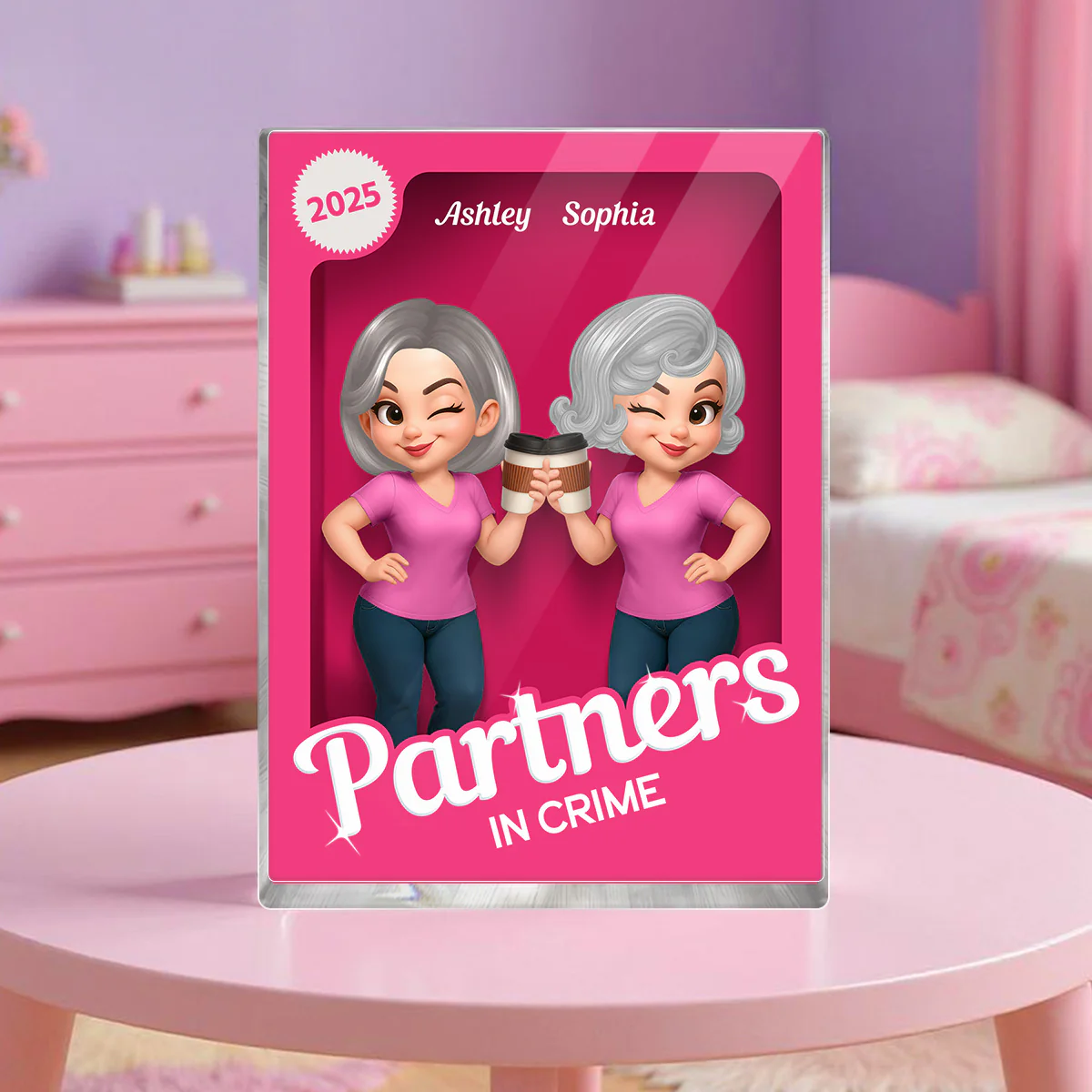Besties Forever Pink Action Figure 3D Effect Personalized Acrylic Block, Meaningful Gift For Best Friend - Image 2