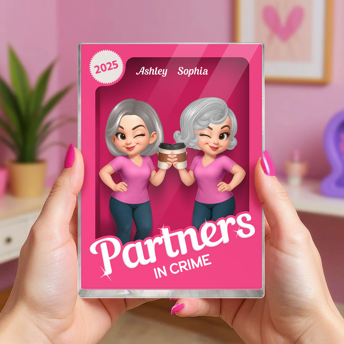 Besties Forever Pink Action Figure 3D Effect Personalized Acrylic Block, Meaningful Gift For Best Friend - Image 3