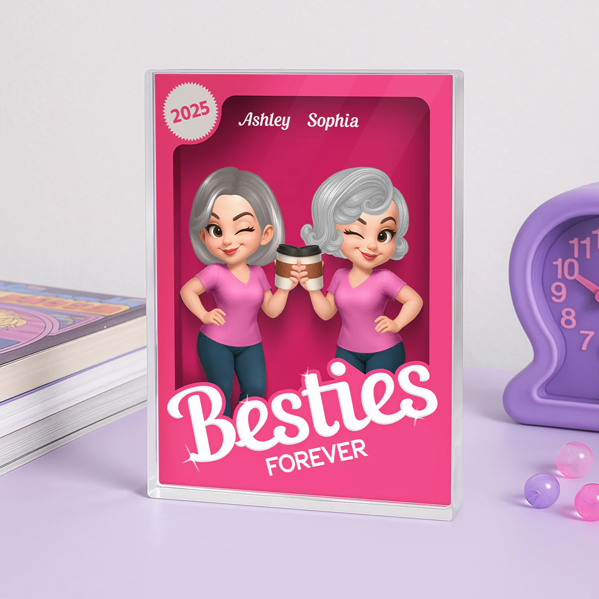 Besties Forever Pink Action Figure 3D Effect Personalized Acrylic Block, Meaningful Gift For Best Friend - Image 4