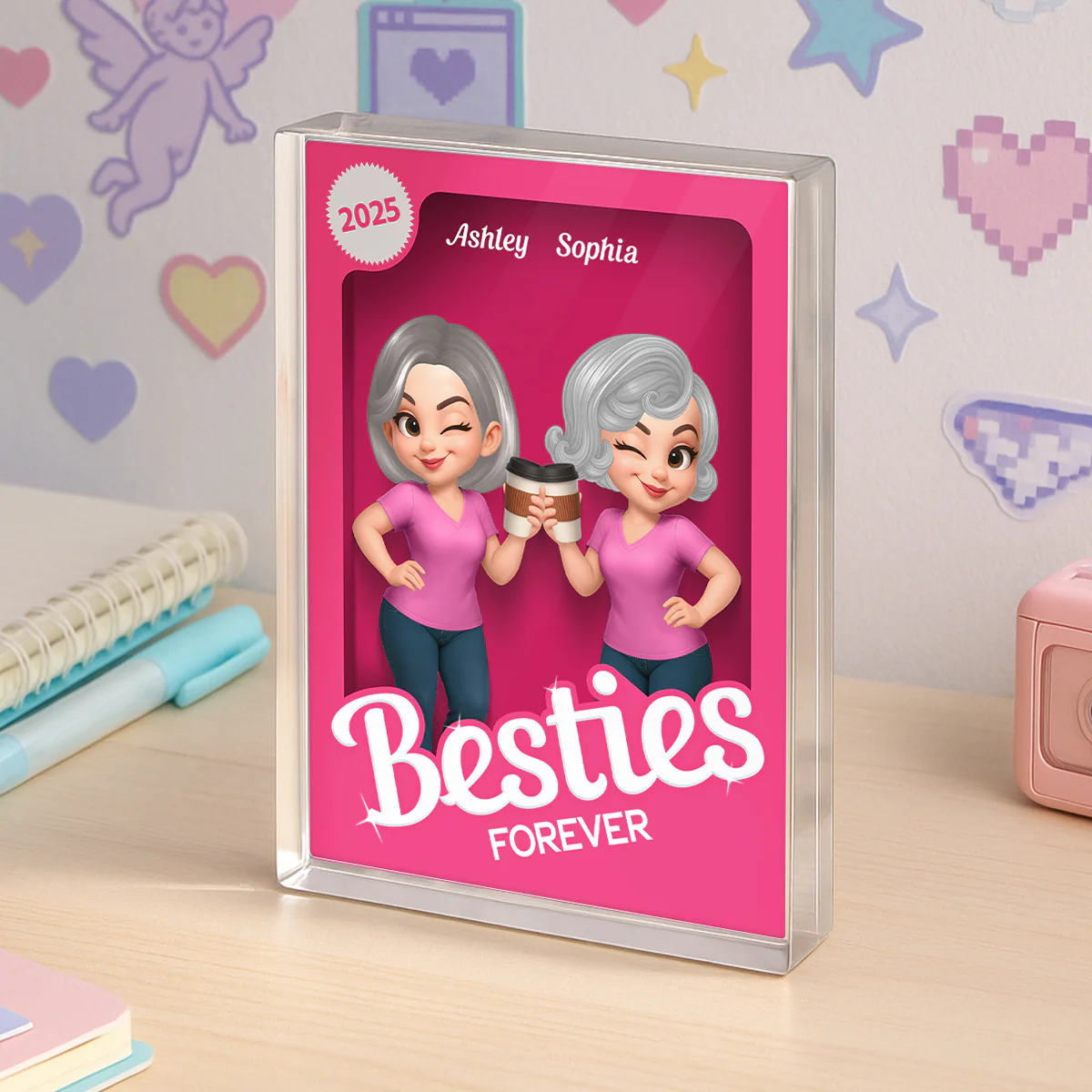 Besties Forever Pink Action Figure 3D Effect Personalized Acrylic Block, Meaningful Gift For Best Friend - Image 5