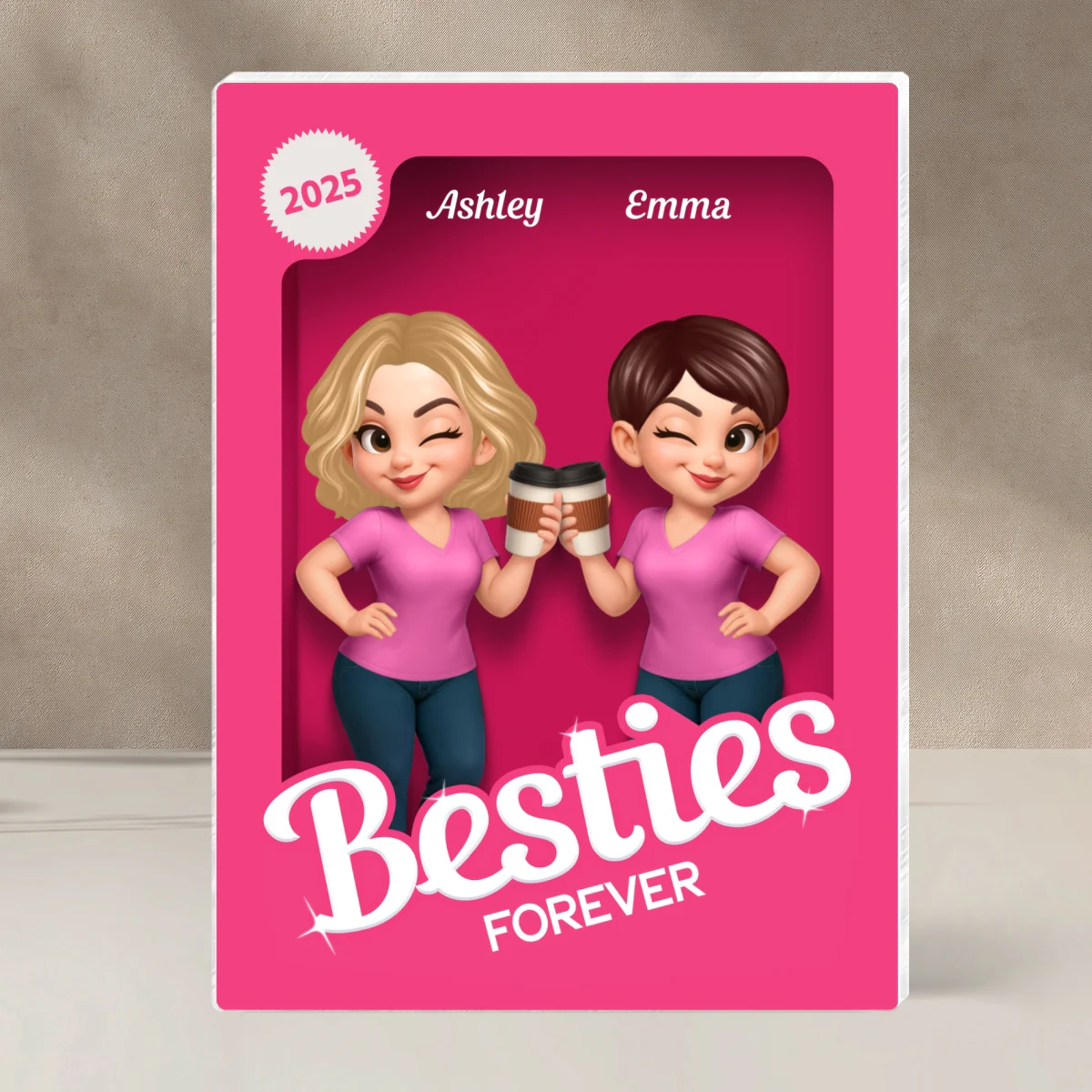 Besties Forever Pink Action Figure 3D Effect Personalized Acrylic Block, Meaningful Gift For Best Friend - Image 8