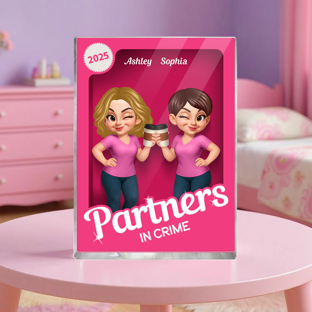 Besties Forever Pink Action Figure 3D Effect Personalized Acrylic Block, Meaningful Gift For Best Friend - Image 2