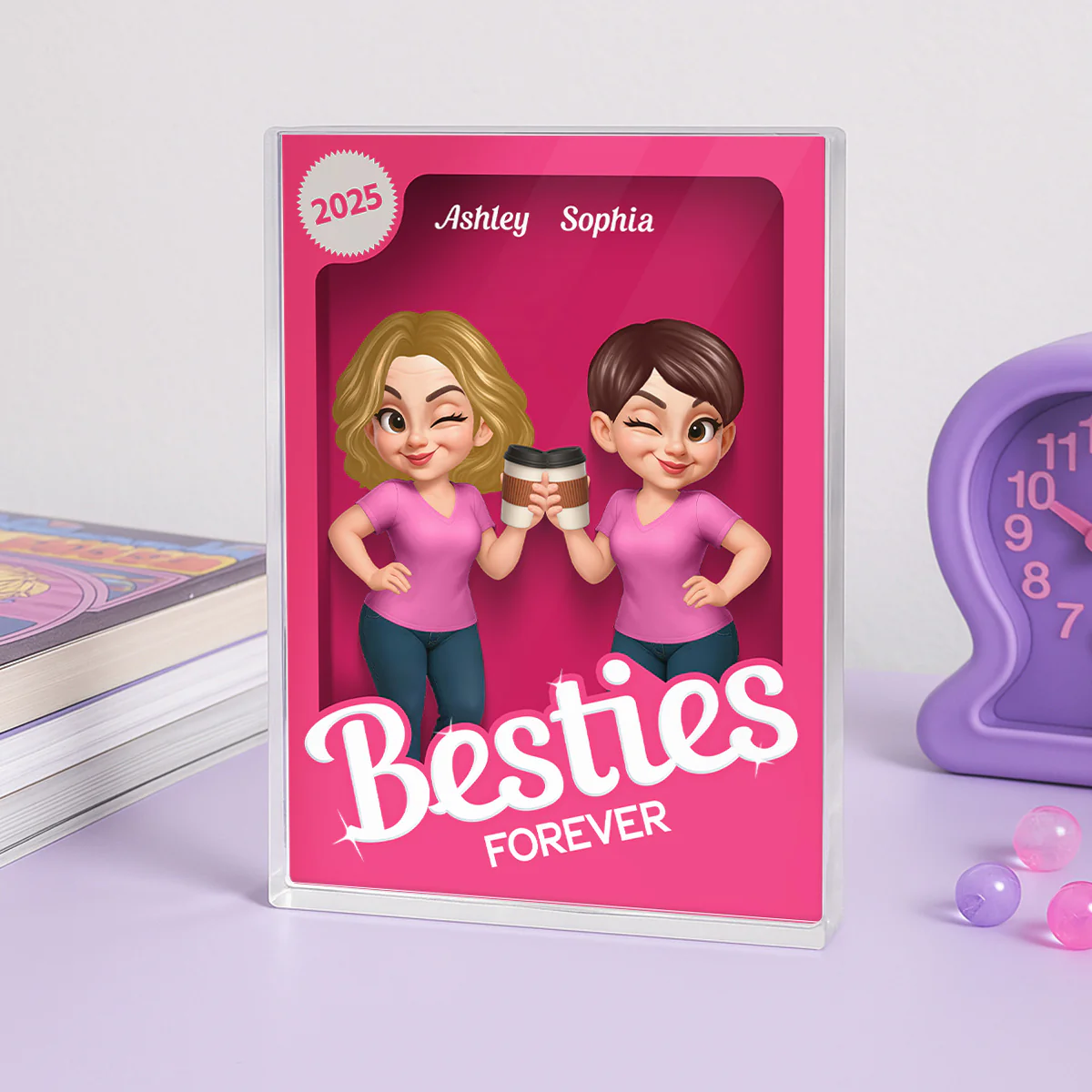 Besties Forever Pink Action Figure 3D Effect Personalized Acrylic Block, Meaningful Gift For Best Friend - Image 4