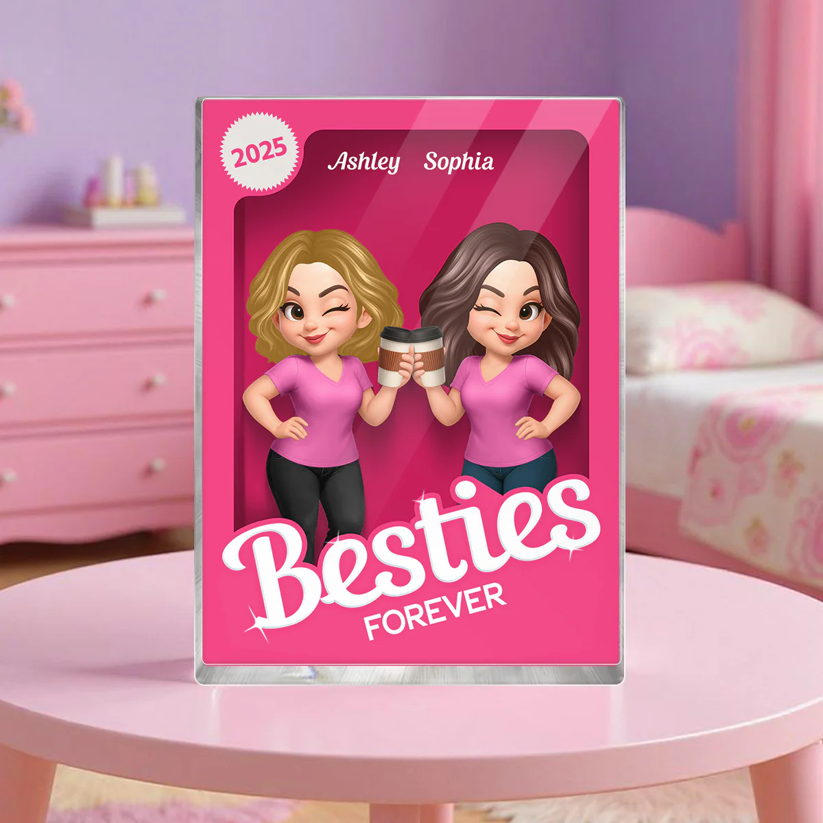 Besties Forever Pink Action Figure 3D Effect - Personalized Acrylic Block Plaque - Gift for Besties, Best Friends - Image 2