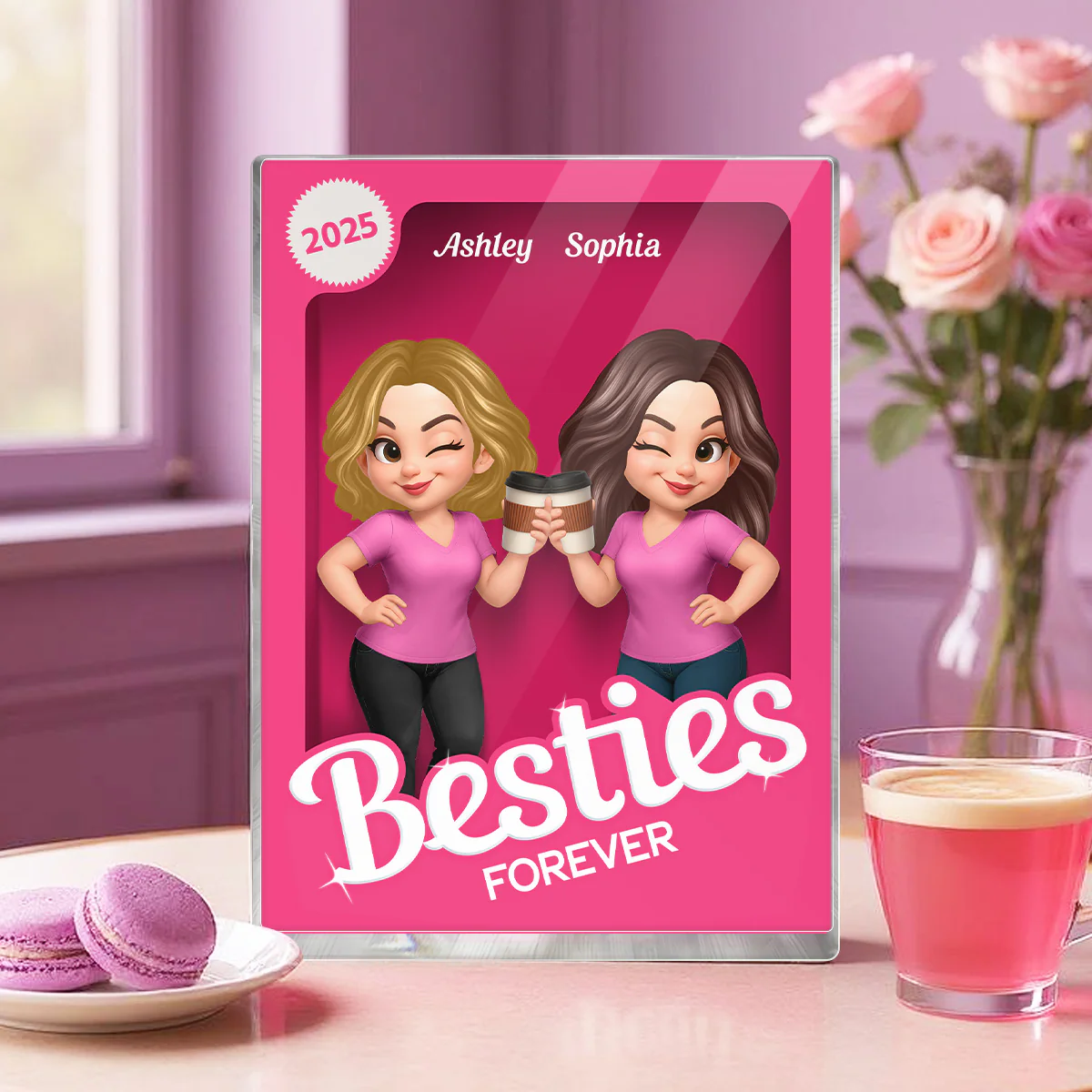 Besties Forever Pink Action Figure 3D Effect Personalized Acrylic Block, Meaningful Gift For Best Friend - Image 2