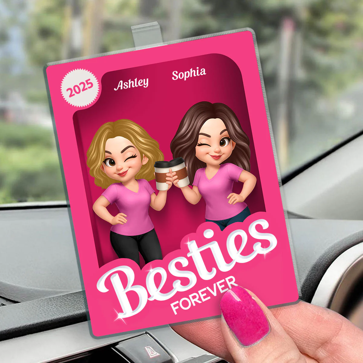 Besties Partners In Crime Pink Action Figure 3D Effect Personalized Acrylic Car Visor - Image 2