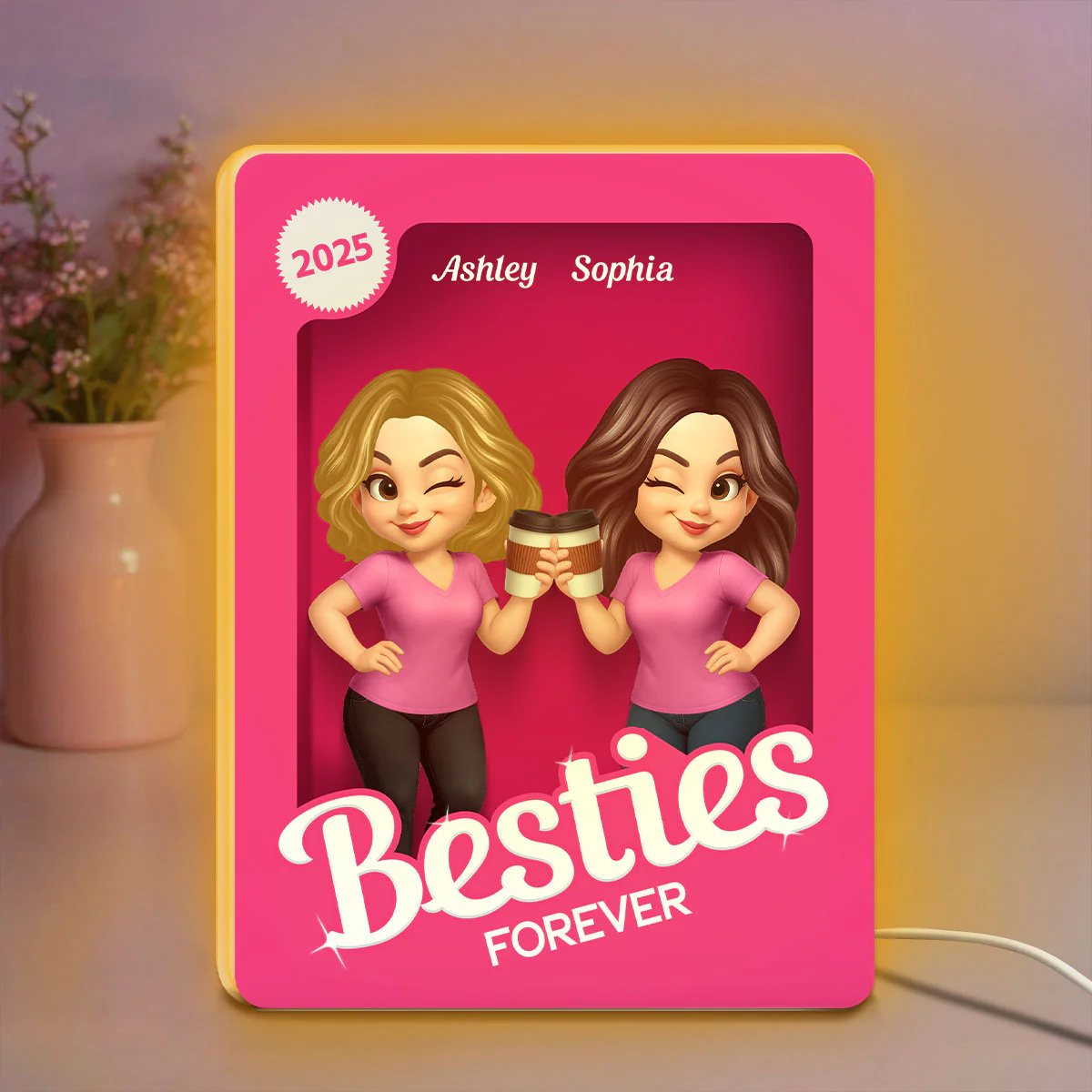 Besties Partners In Crime Pink Action Figure 3D Effect Personalized Light Box