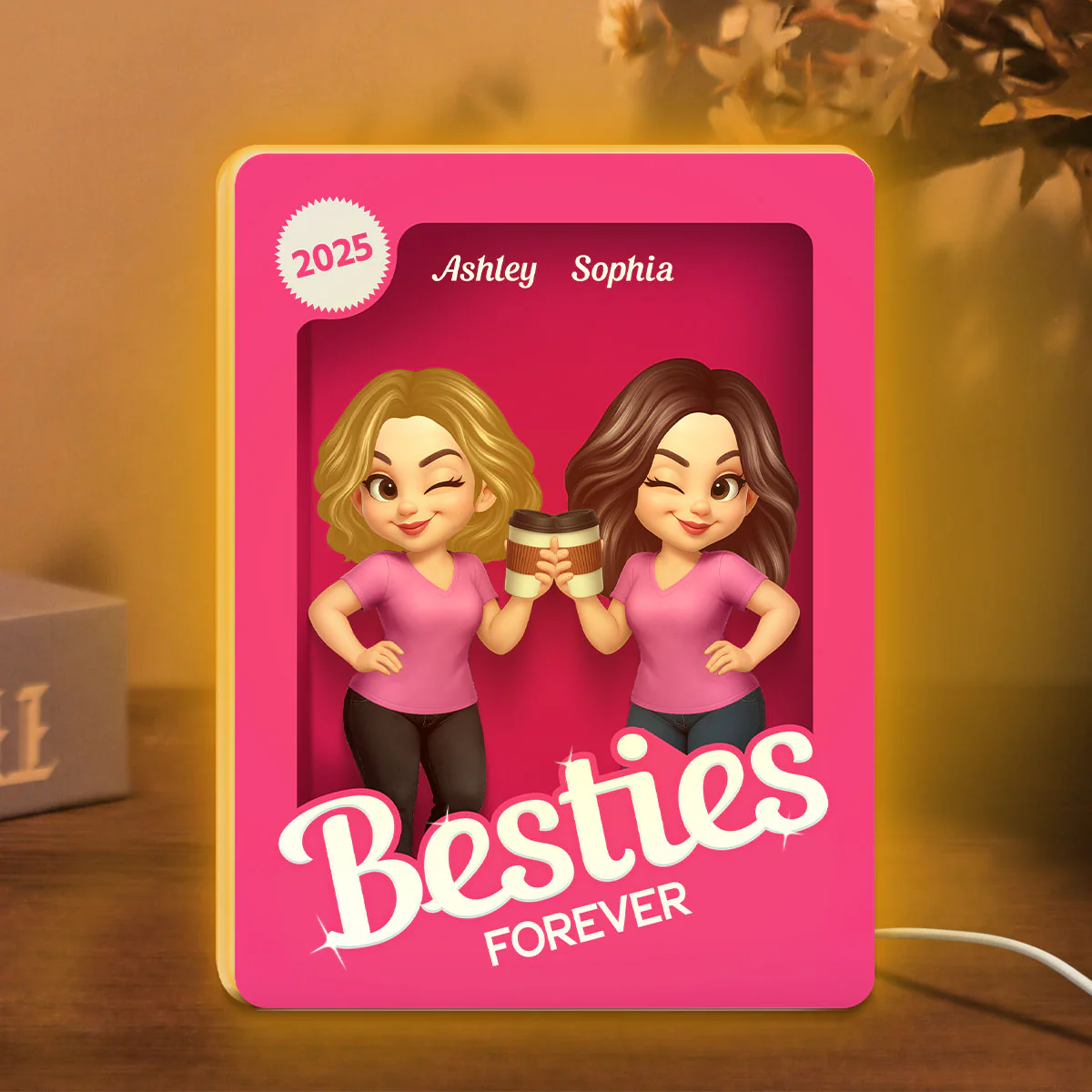 Besties Partners In Crime Pink Action Figure 3D Effect Personalized Light Box - Image 2