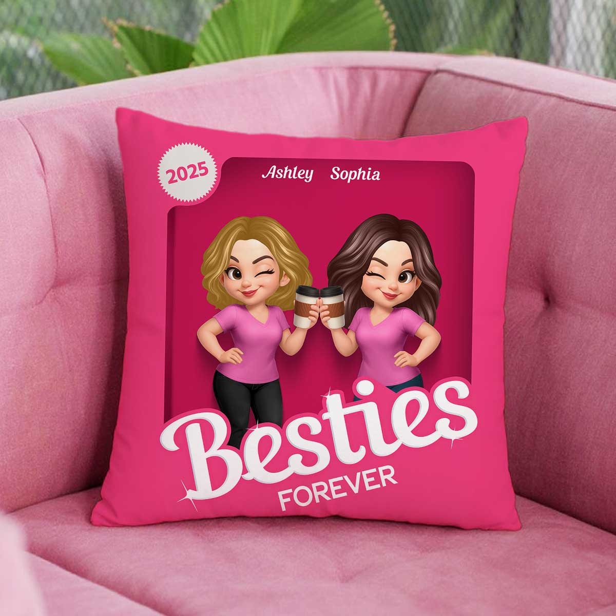 Besties Partners In Crime Pink Action Figure 3D Effect Personalized Pillow - Image 2