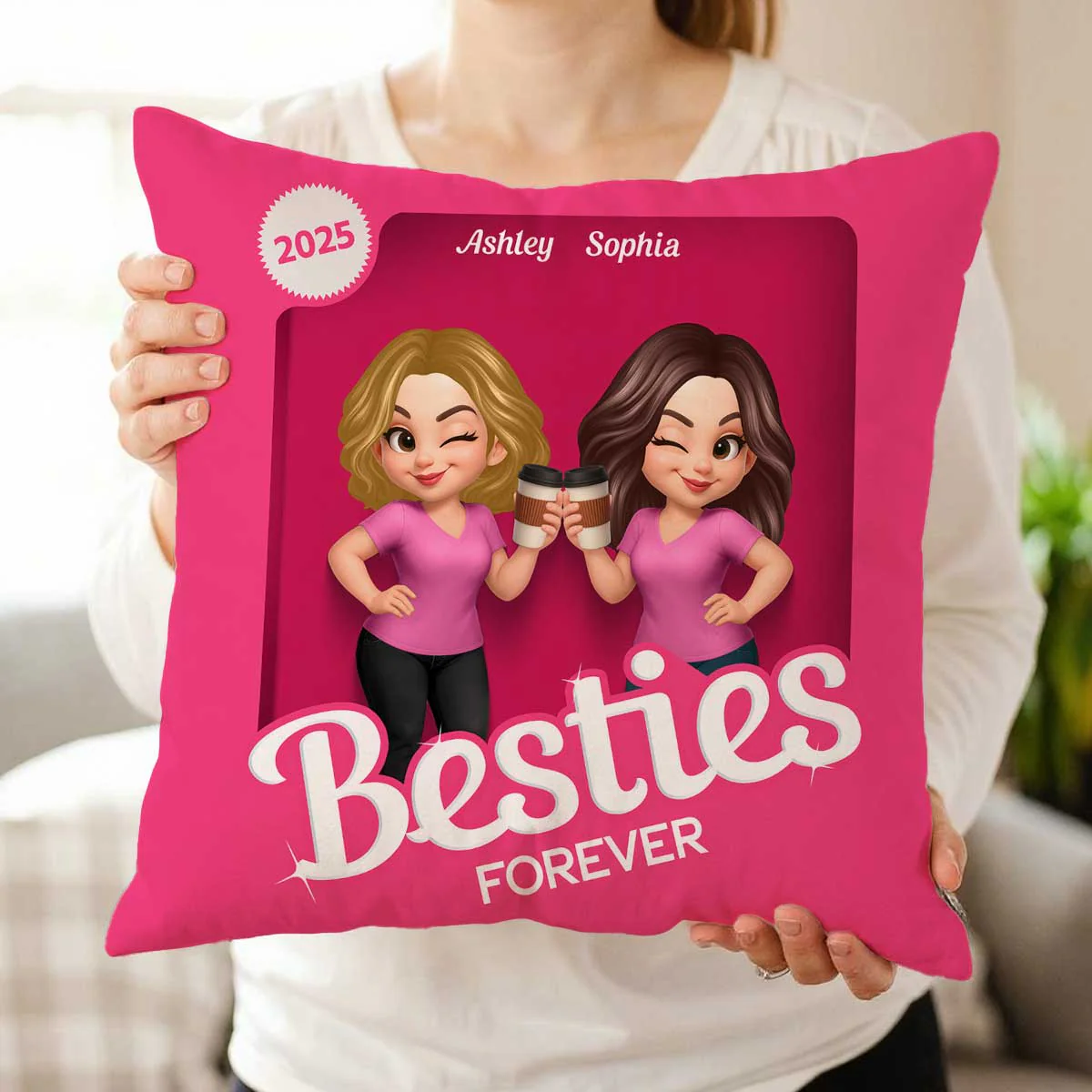 Besties Partners In Crime Pink Action Figure 3D Effect Personalized Pillow - Image 5