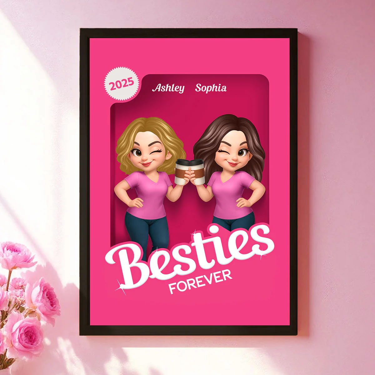 Besties Partners In Crime Pink Action Figure 3D Effect Personalized Poster - Image 2