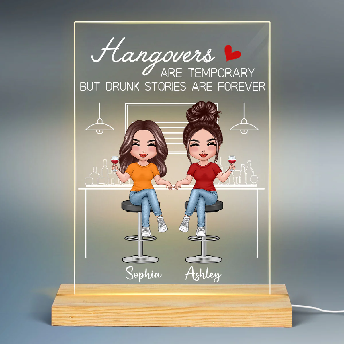 Besties Partners In Wine Personalized Rectangle Acrylic Plaque LED Lamp Night Light - Image 2
