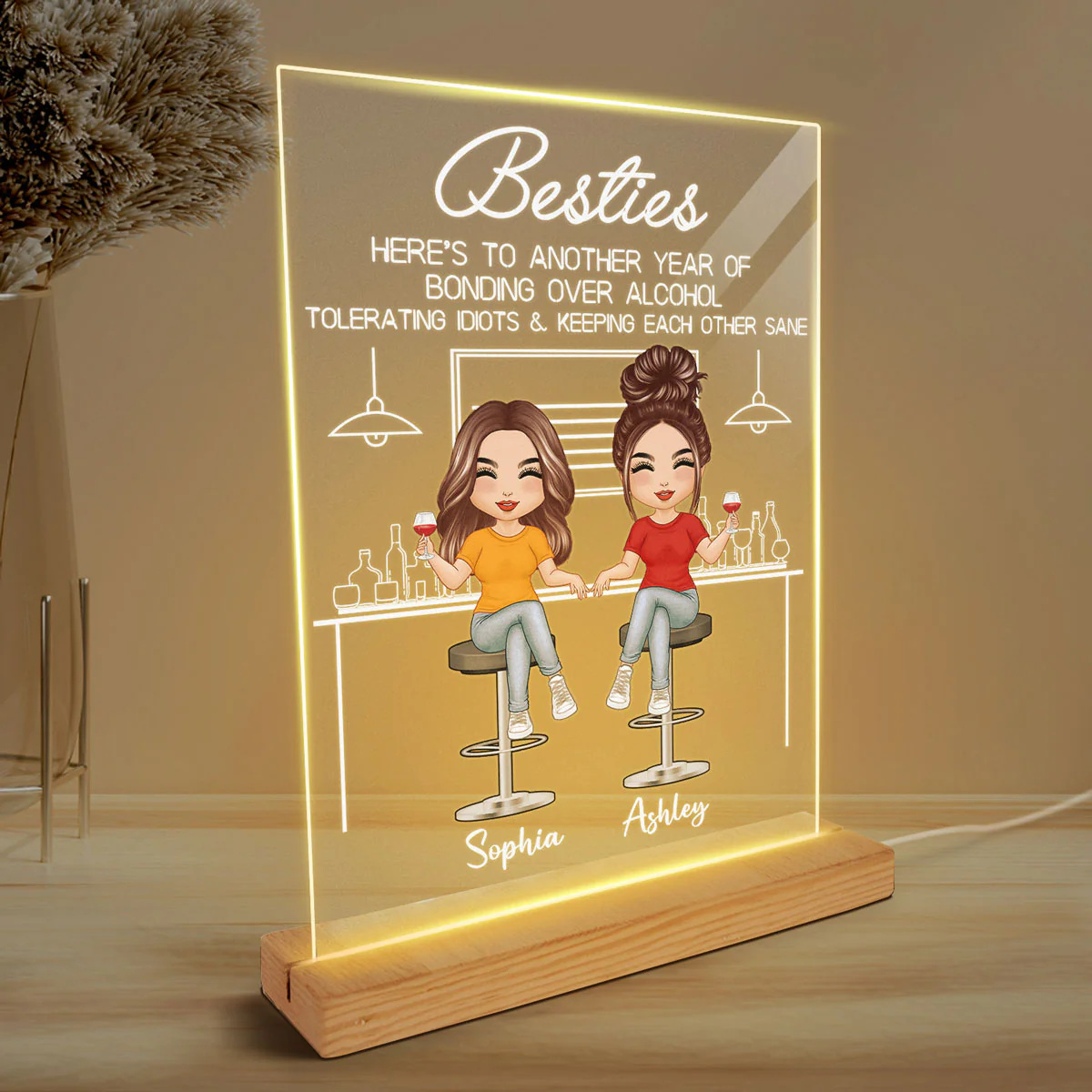 Besties Partners In Wine Personalized Rectangle Acrylic Plaque LED Lamp Night Light - Image 3