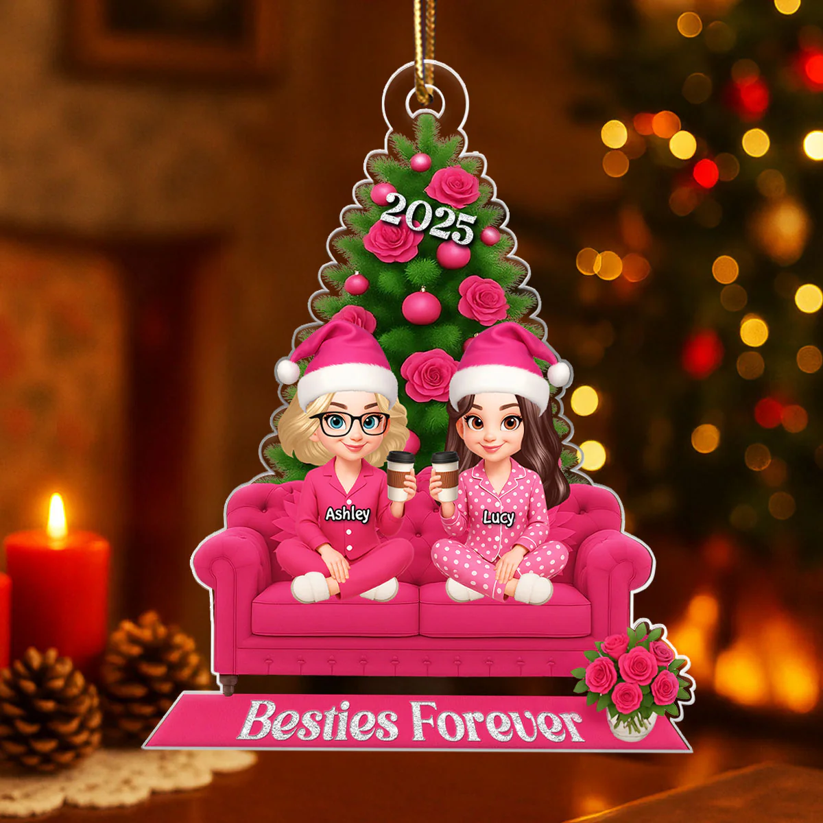 Besties Pink Christmas Tree Decor Personalized Acrylic Ornament, Gift for Best Friends, Sisters - Image 2