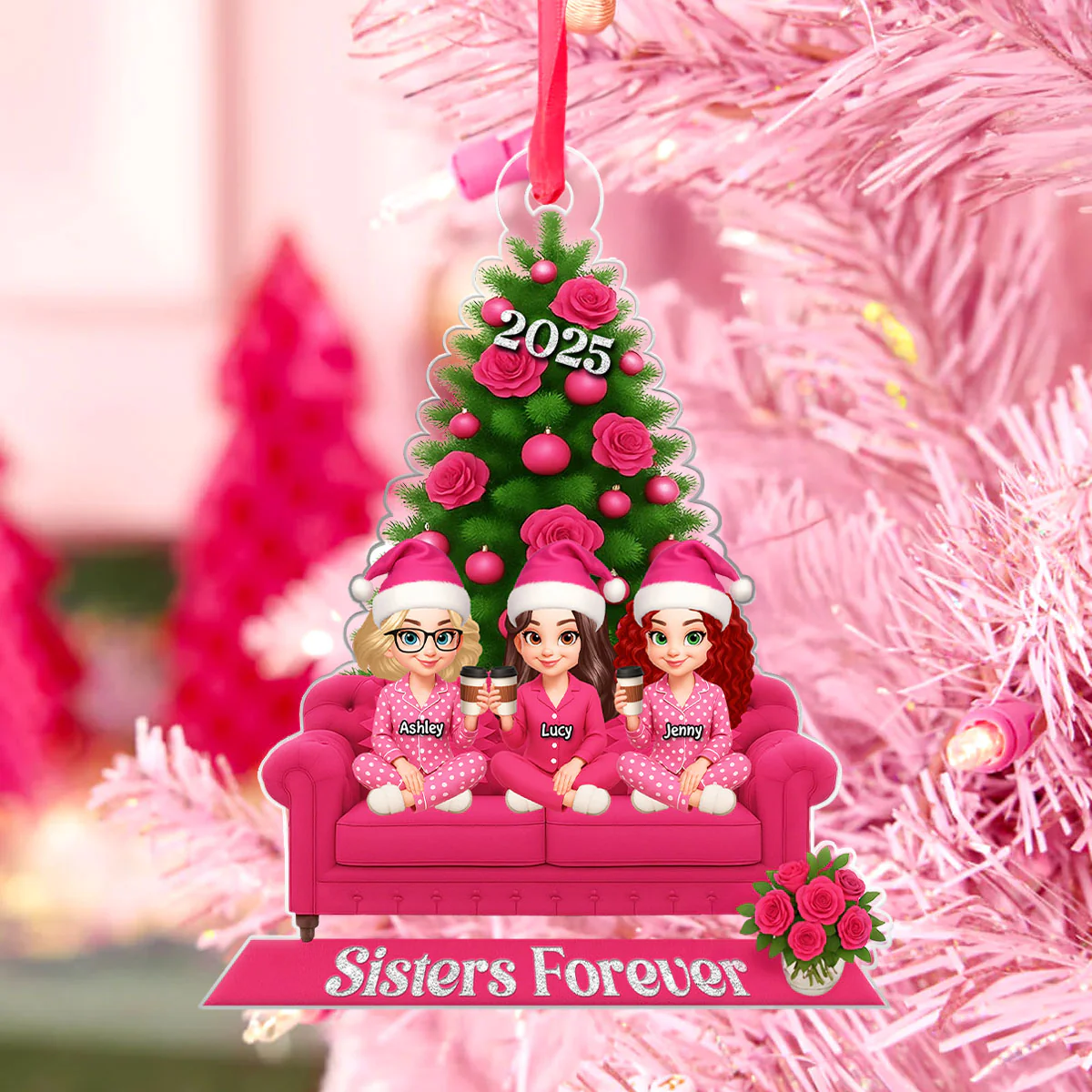 Besties Pink Christmas Tree Decor Personalized Acrylic Ornament, Gift for Best Friends, Sisters - Image 3