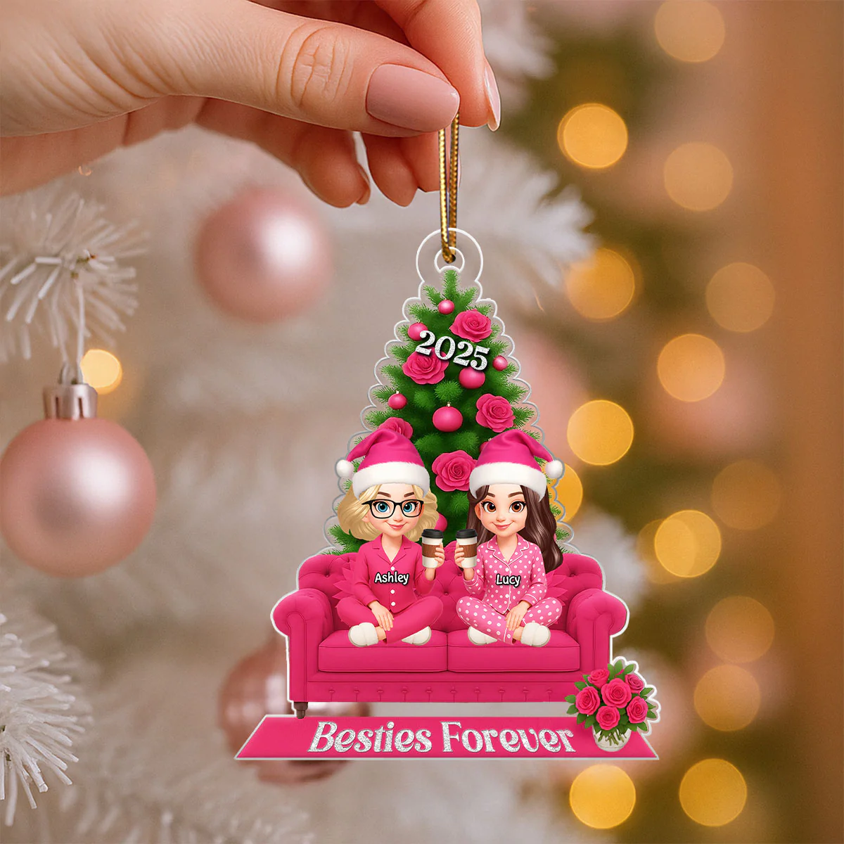 Besties Pink Christmas Tree Decor Personalized Acrylic Ornament, Gift for Best Friends, Sisters - Image 7