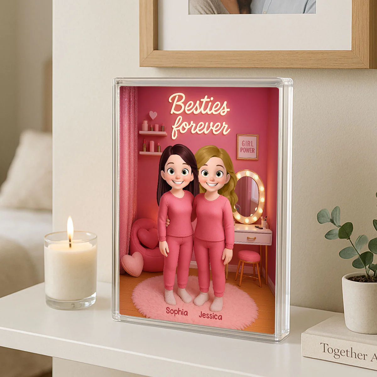 3D Effect Besties Pink Tone Dream Dollhouse Personalized Flat Rectangle Acrylic Block Plaque - Image 3