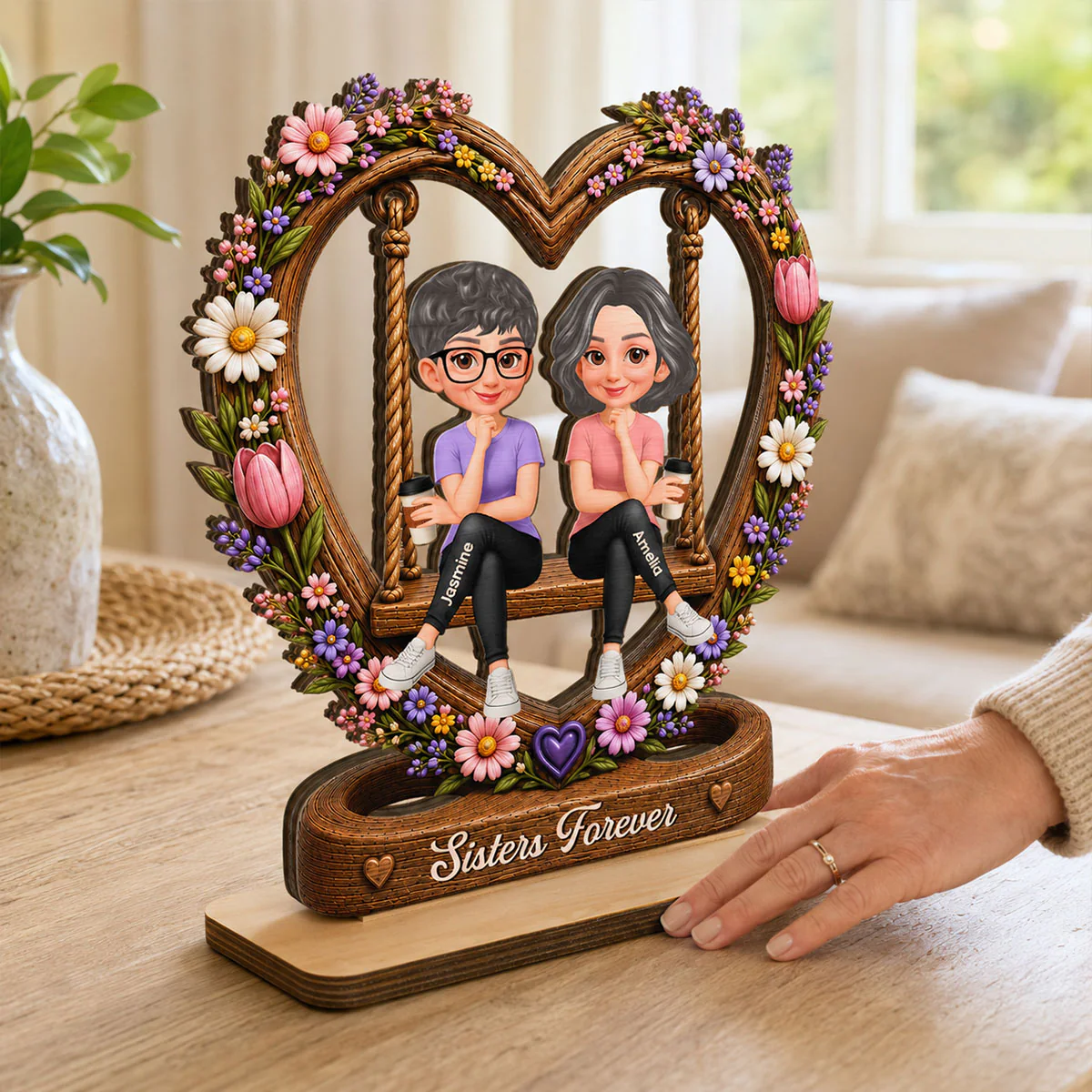 Besties Sister Floral Swing 2D Flat - Personalized Wooden Plaque - Image 2