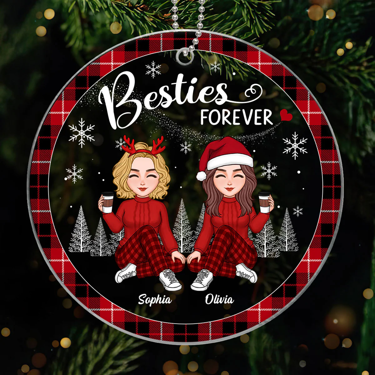 Besties Sister Sitting Checkered Pattern Frame Personalized Acrylic Ornament