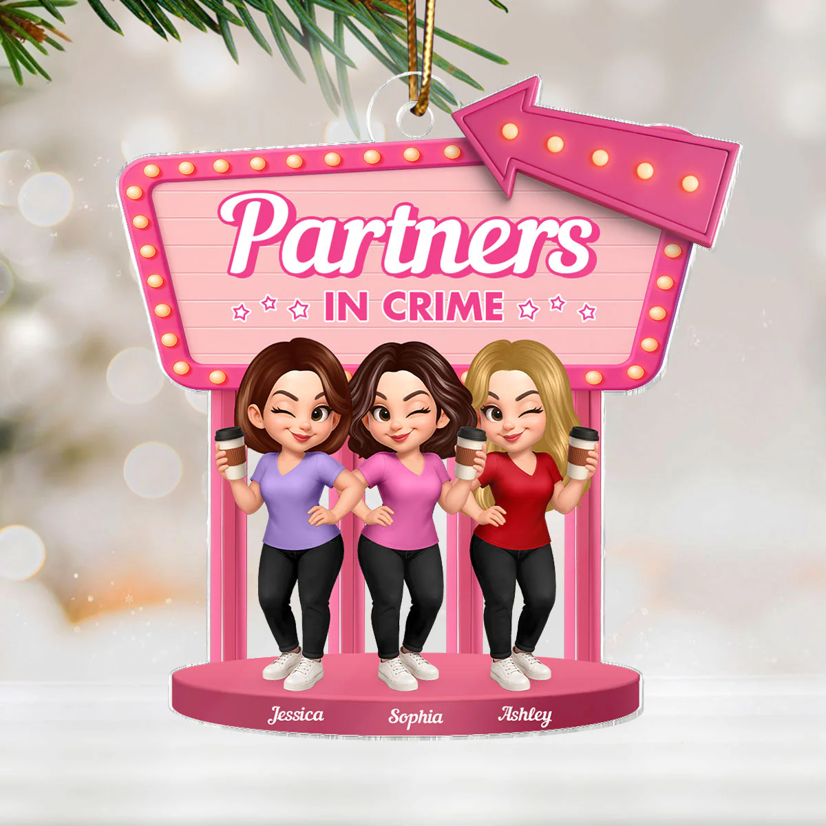 Besties Sisters 3D Effect Pink Sign Personalized Acrylic Ornament - Image 2
