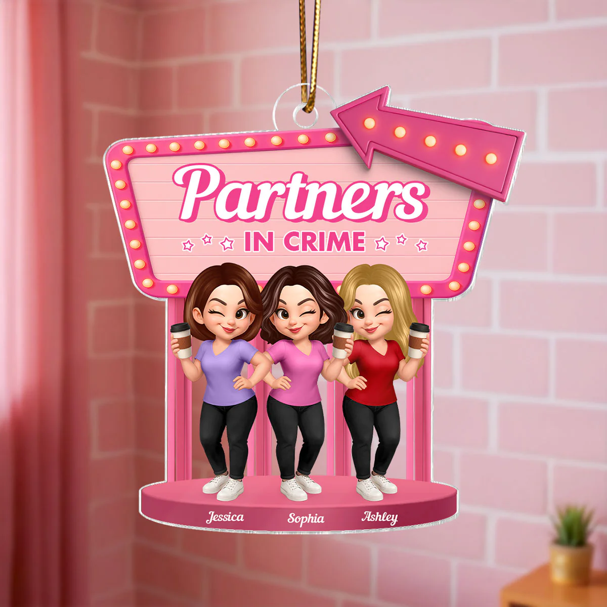 Besties Sisters 3D Effect Pink Sign Personalized Acrylic Ornament - Image 6