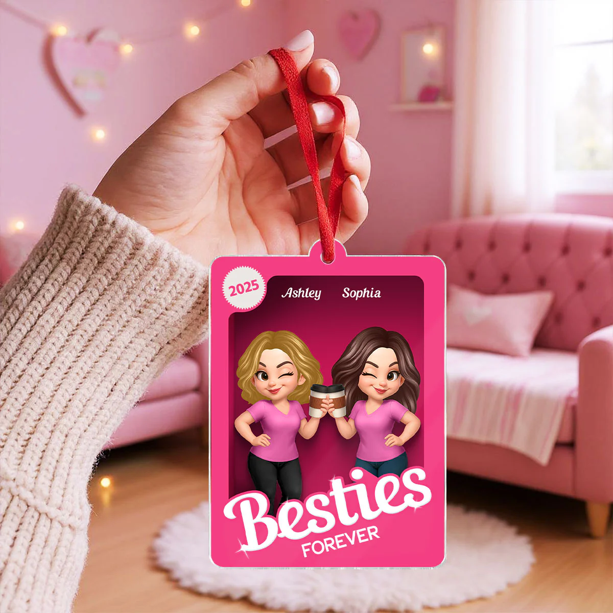 Besties Sisters 3D Effect Pink Toy Box Personalized Acrylic Ornament, Gift for Besties, Best Friends - Image 4