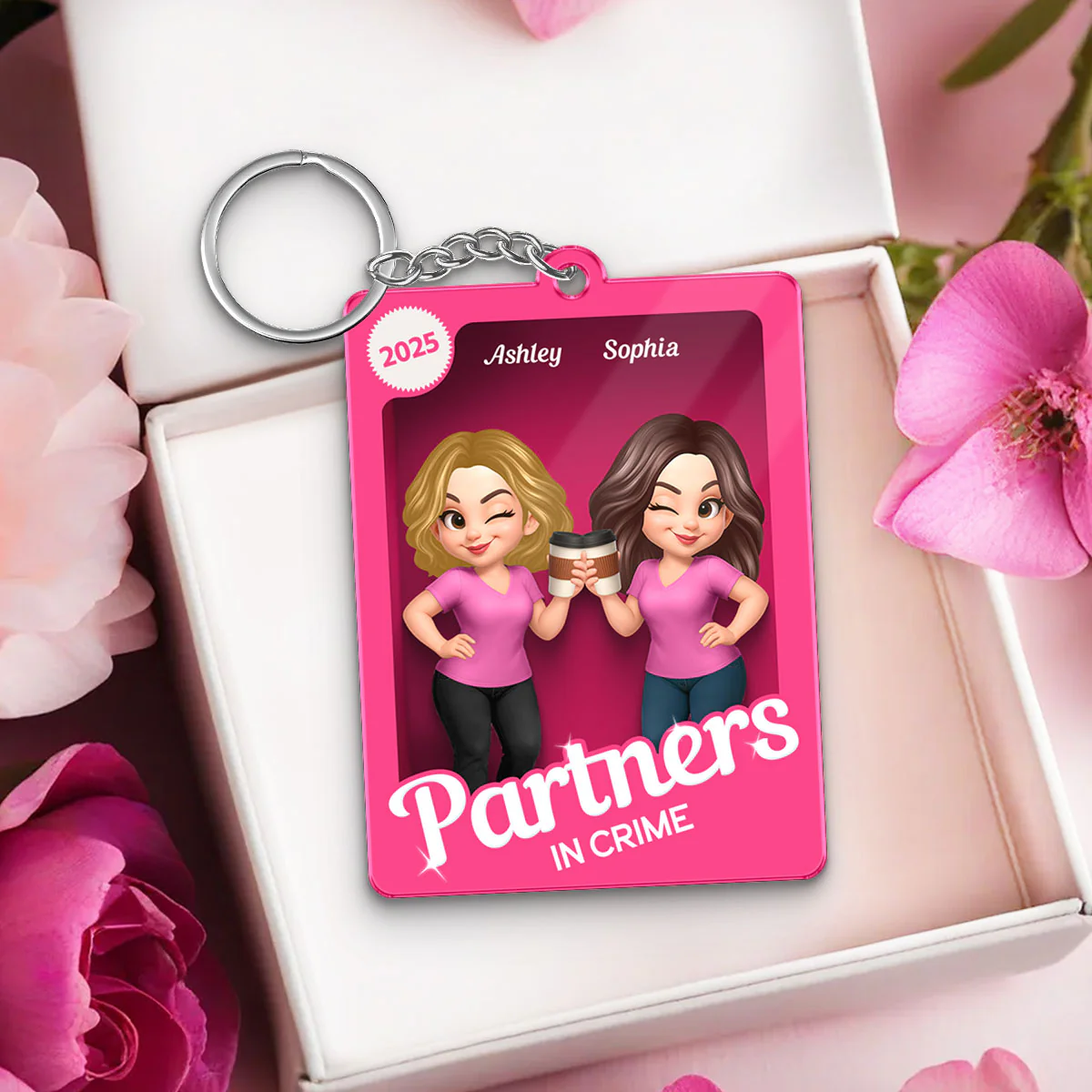Besties Sisters 3D Effect Pink Toy Box Personalized Acrylic Keychain, Gift for Besties, Best Friends - Image 3