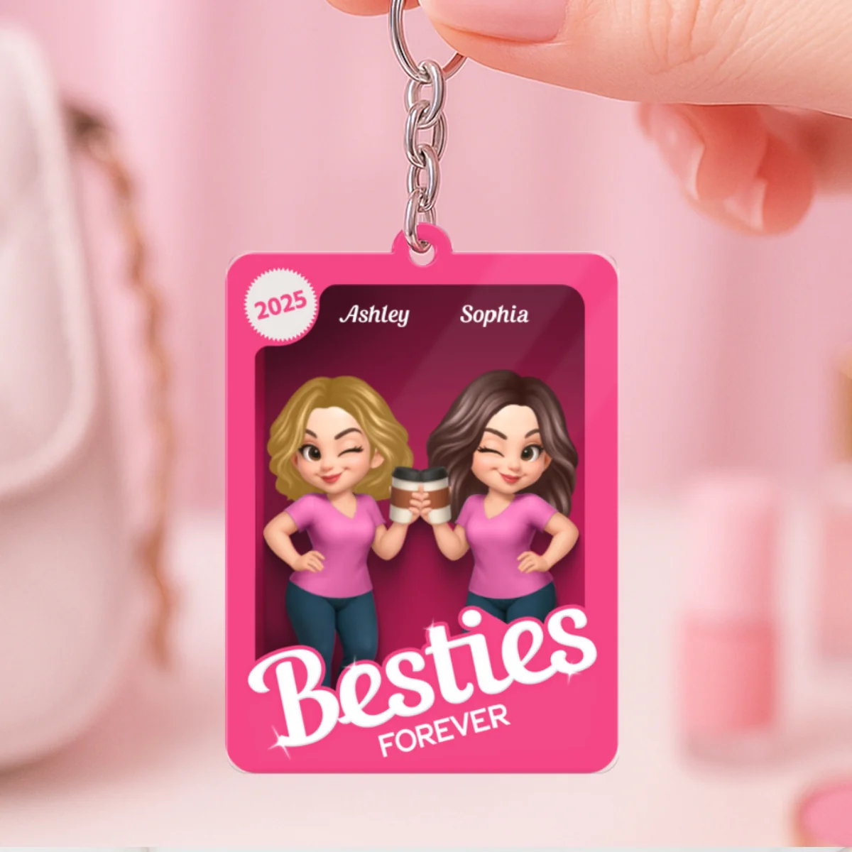 Besties Sisters 3D Effect Pink Toy Box Personalized Acrylic Keychain, Gift for Besties, Best Friends - Image 8
