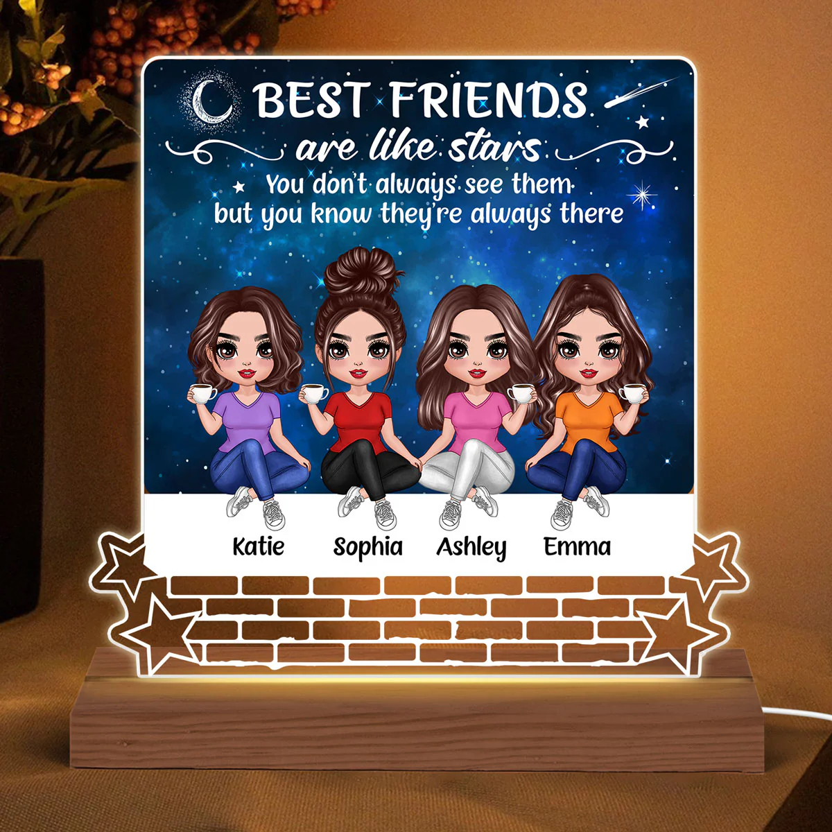 Besties Sisters Are Like Stars Galaxy Doll Women Sitting On Brick Wall Personalized Acrylic Custom Shape LED Night Light - Image 2