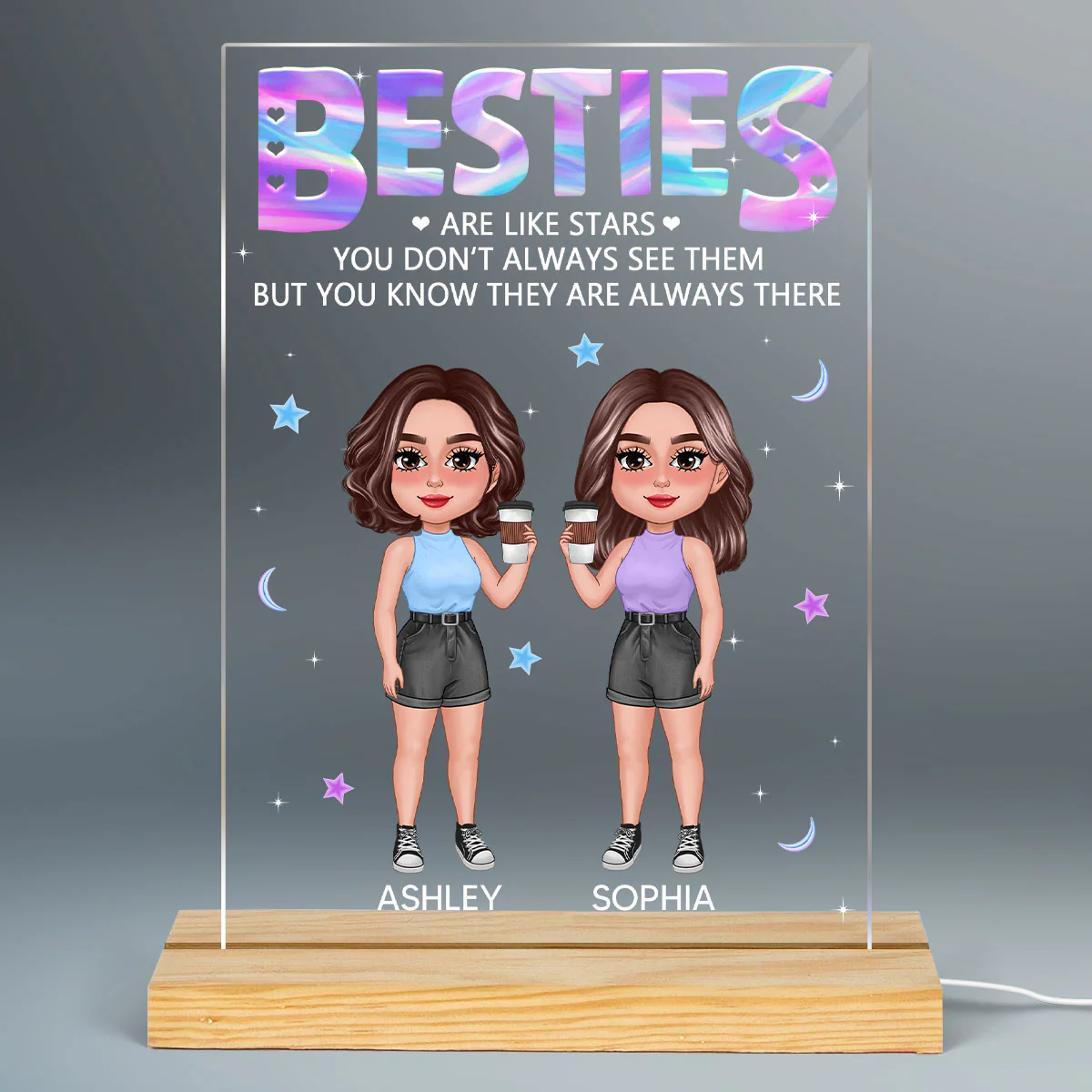 Besties Sisters Are Like Stars Galaxy Personalized Rectangle Acrylic LED Night Light - Image 2