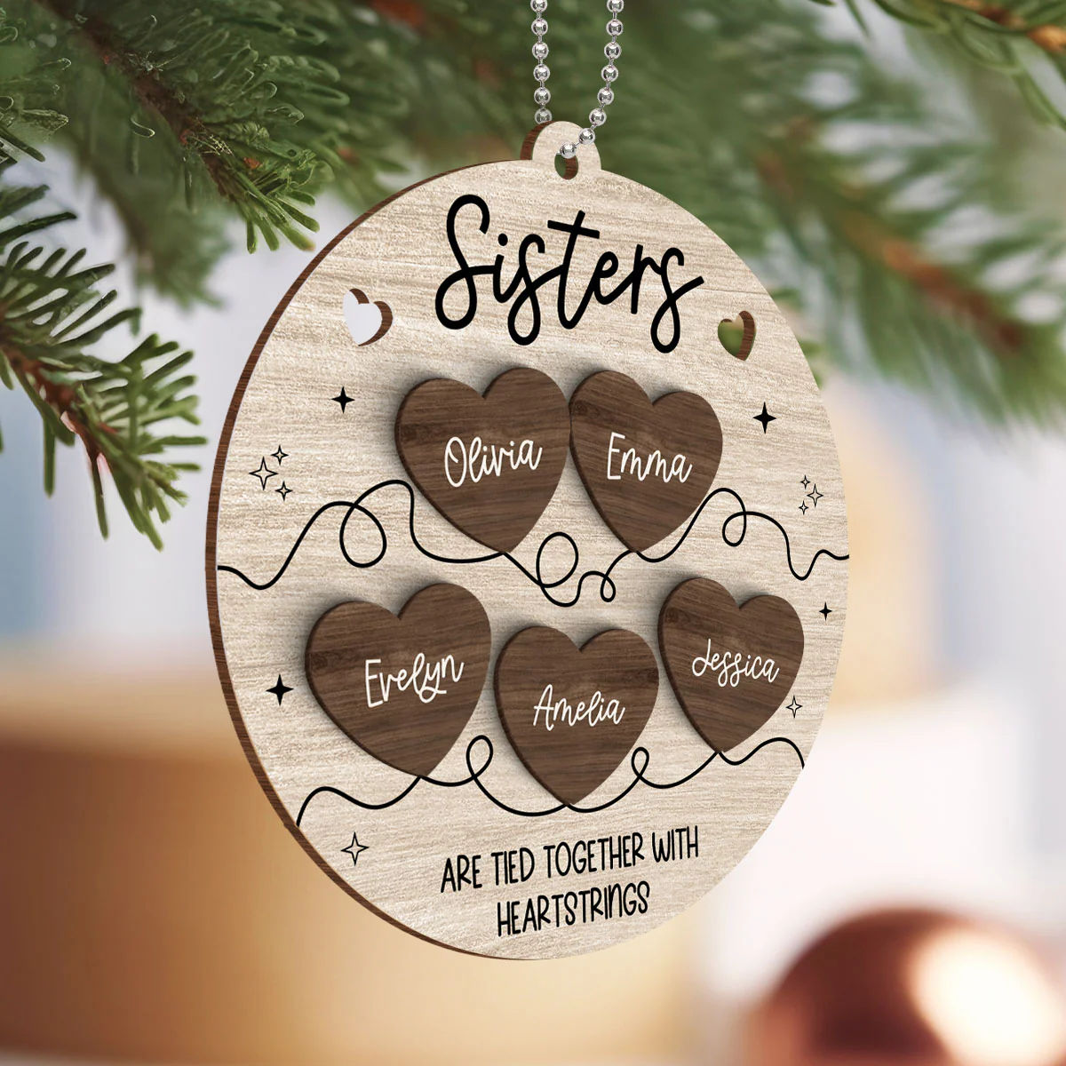 Besties Sisters Are Tied Together With Heart Strings Christmas Personalized 2-Layer Wooden Ornament - Image 3