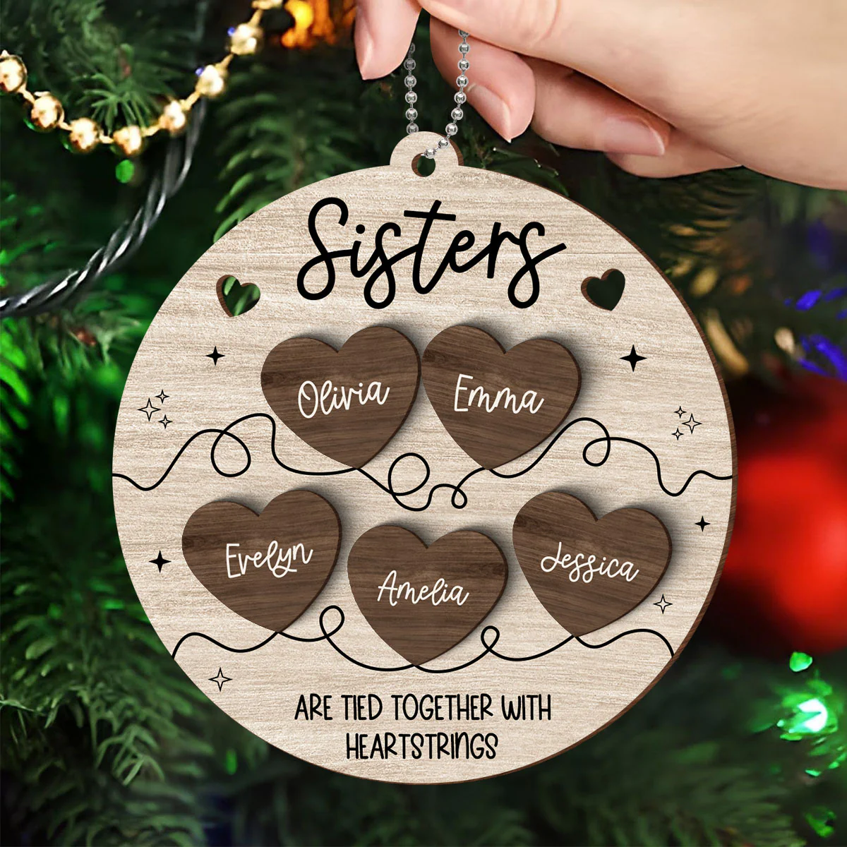 Besties Sisters Are Tied Together With Heart Strings Christmas Personalized 2-Layer Wooden Ornament - Image 4
