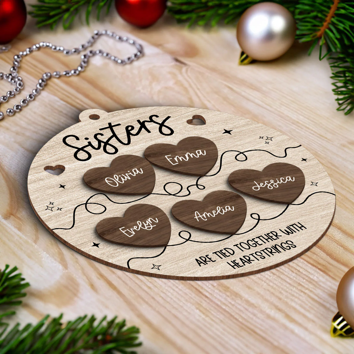 Besties Sisters Are Tied Together With Heart Strings Christmas Personalized 2-Layer Wooden Ornament - Image 5