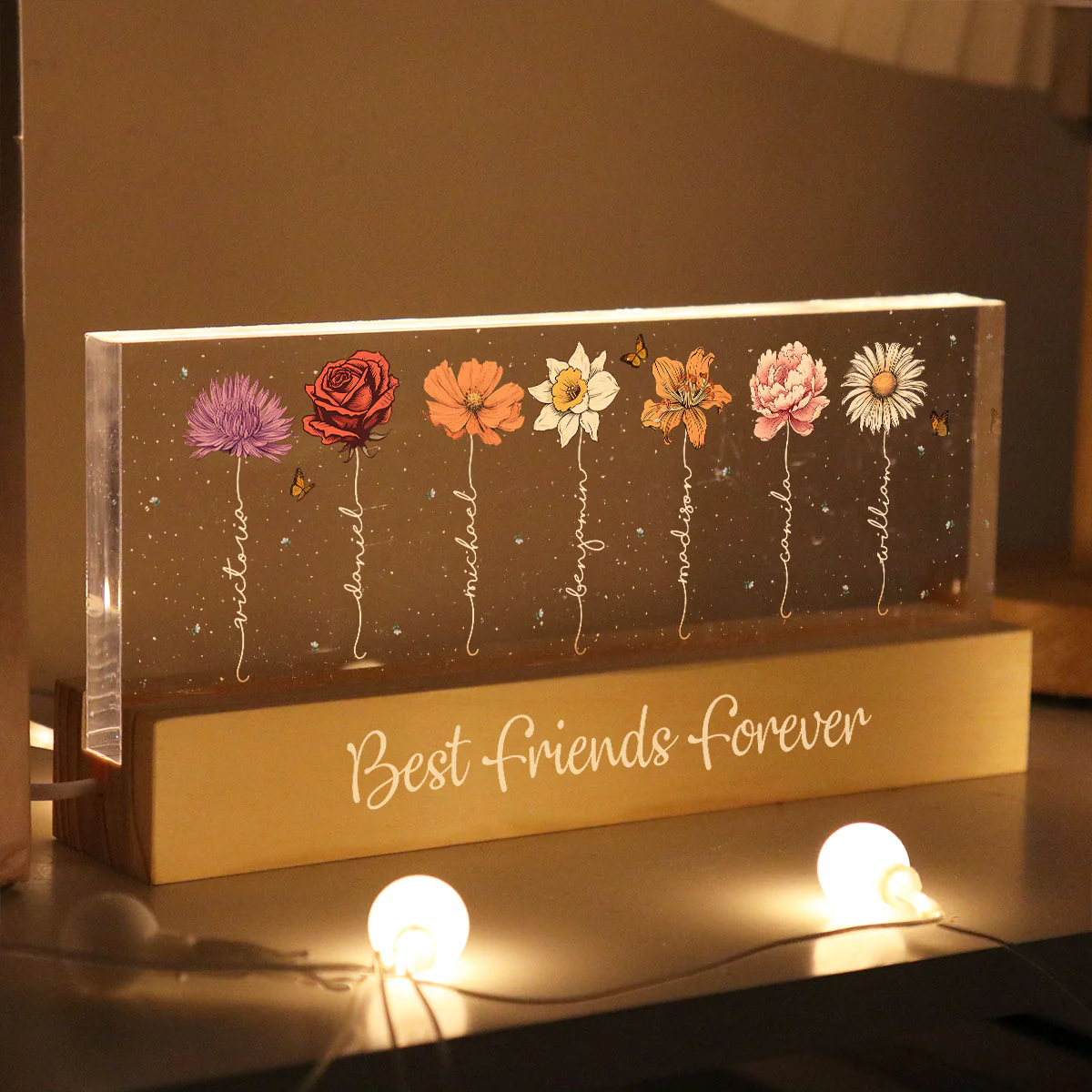 Besties Sisters Birth Month Flowers Personalized Acrylic Block LED Night Light, Gift For Best Friends, Besties, BFF, Sisters