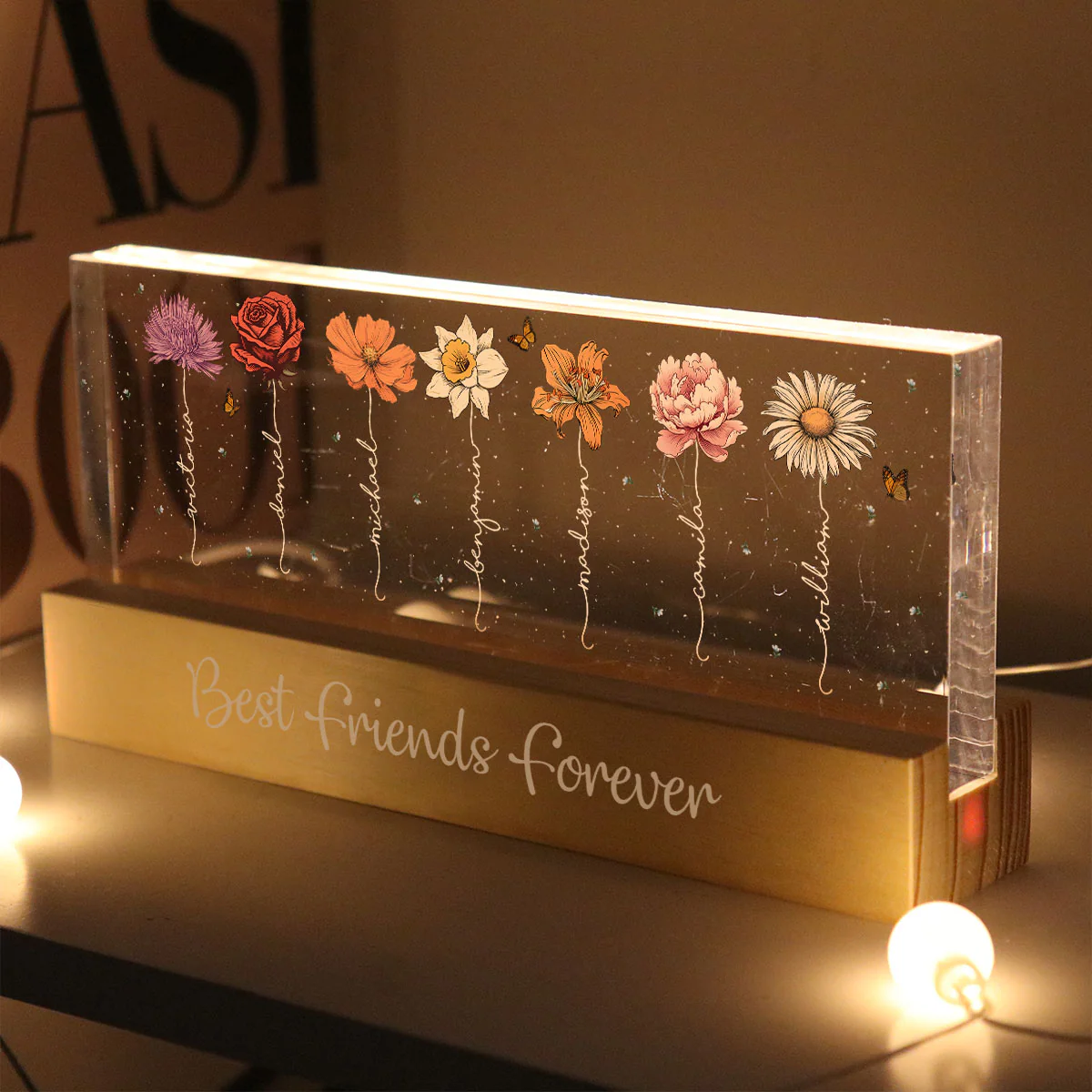 Besties Sisters Birth Month Flowers Personalized Acrylic Block LED Night Light, Gift For Best Friends, Besties, BFF, Sisters - Image 3