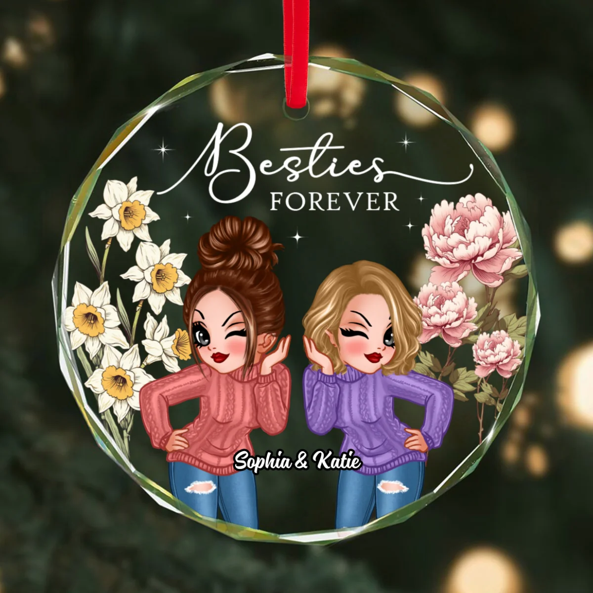 Besties Sisters Birth Month Flowers Personalized Glass Ornament, Christmas Gift For Best Friends - Image 9