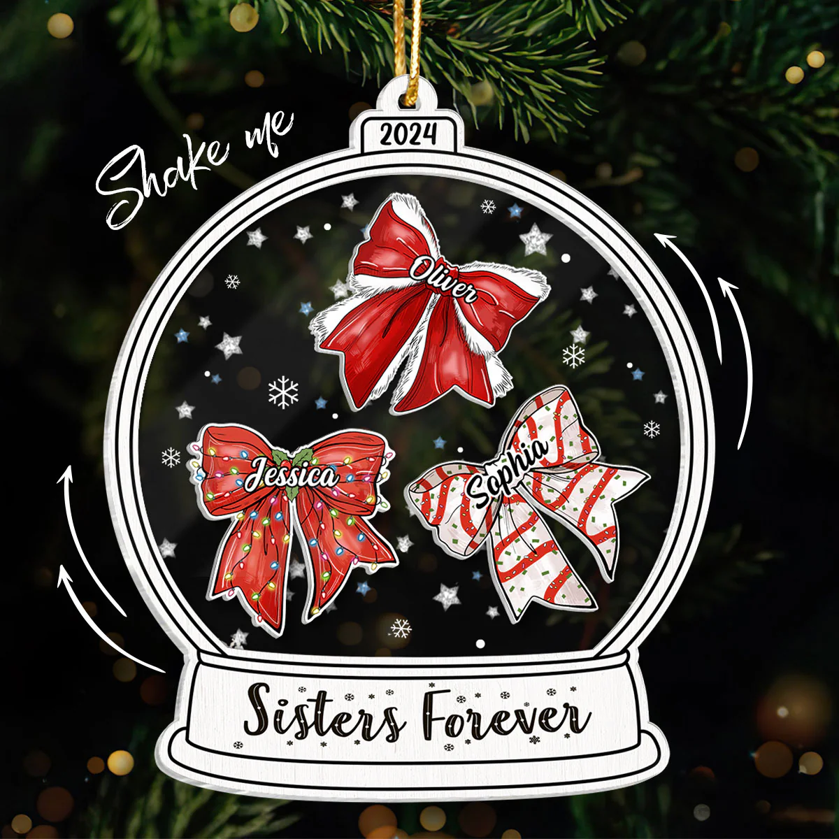 Besties Sisters Christmas Bow Personalized Shaker Ornament, Christmas Gift for Besties Sisters