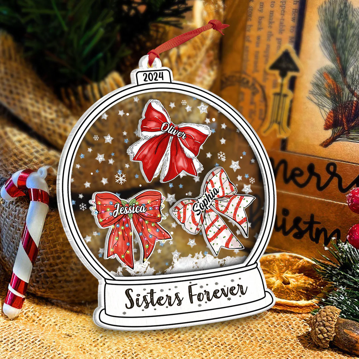 Besties Sisters Christmas Bow Personalized Shaker Ornament, Christmas Gift for Besties Sisters - Image 7