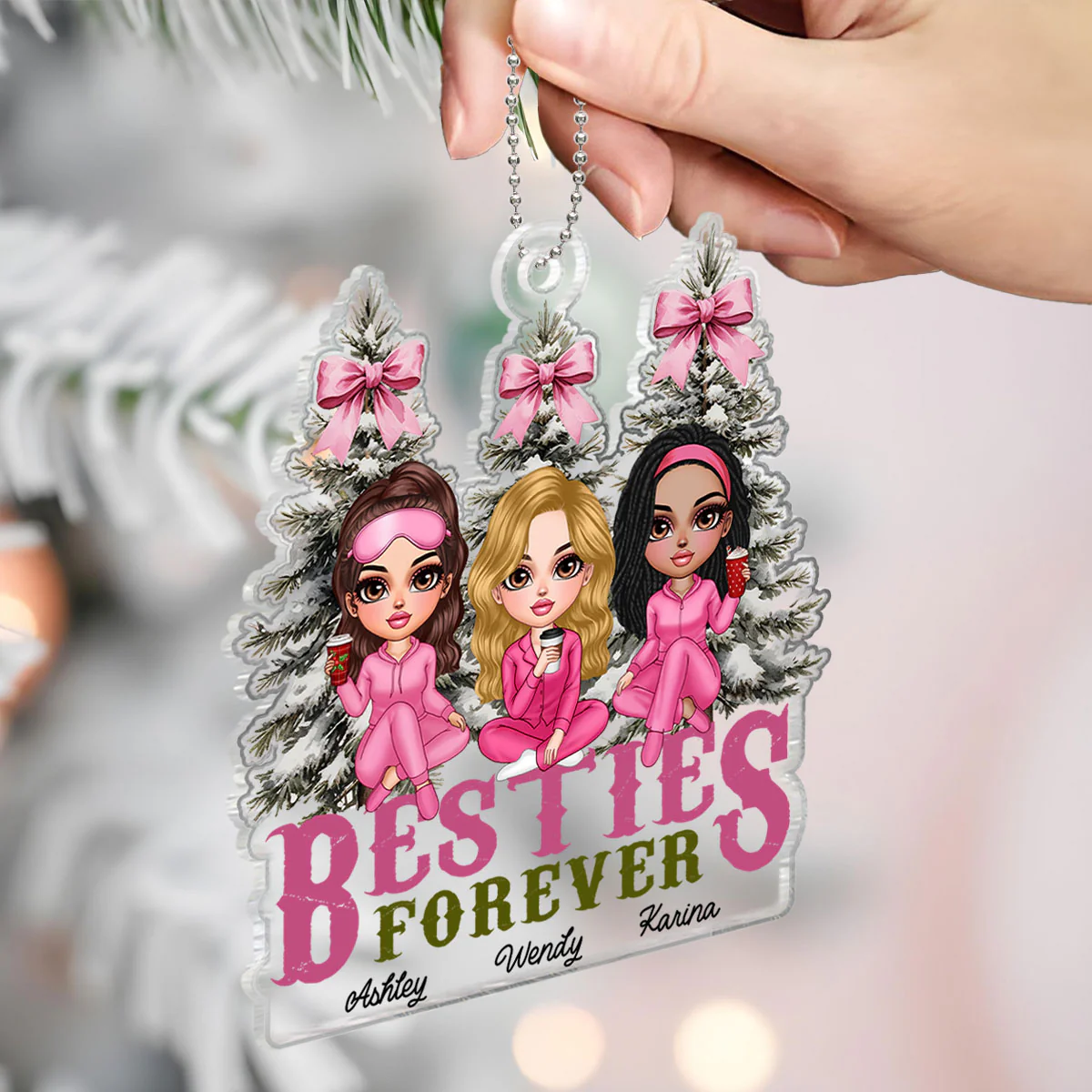 Besties Sisters Christmas Tree Pink Bow Personalized Acrylic Ornament - Image 3