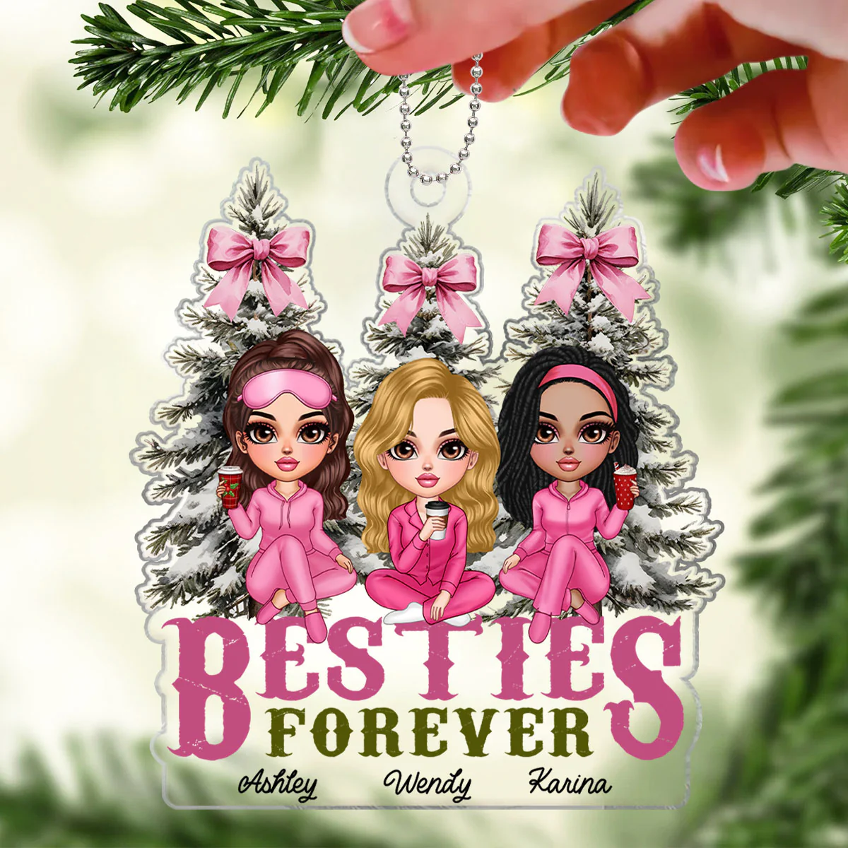 Besties Sisters Christmas Tree Pink Bow Personalized Acrylic Ornament - Image 4