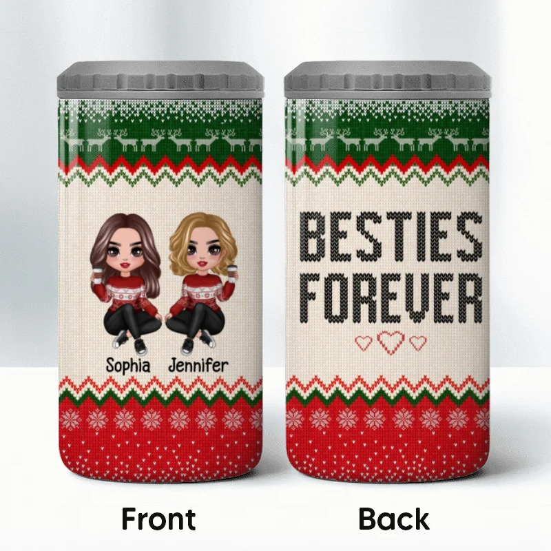 Besties Sisters Christmas Ugly Sweater Pattern Personalized 4 In 1 Can Cooler - Image 10