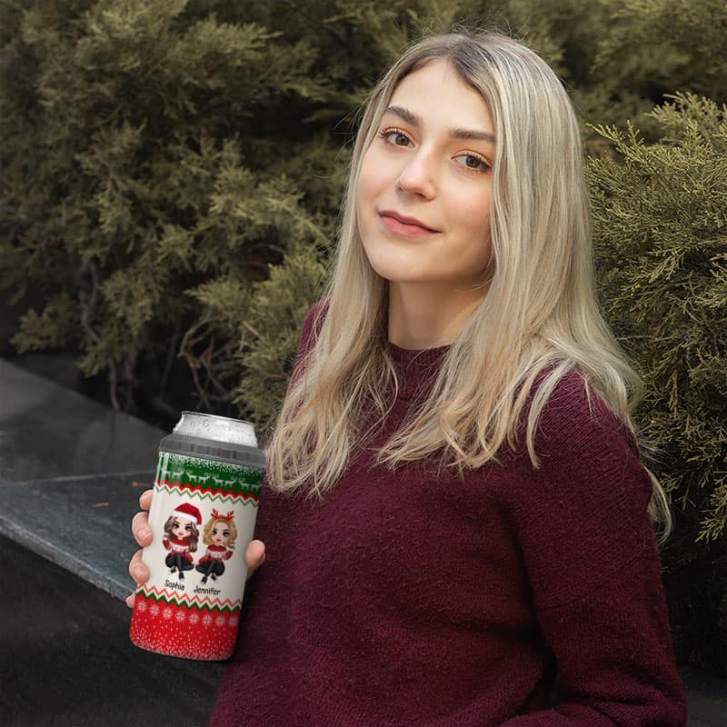 Besties Sisters Christmas Ugly Sweater Pattern Personalized 4 In 1 Can Cooler - Image 5