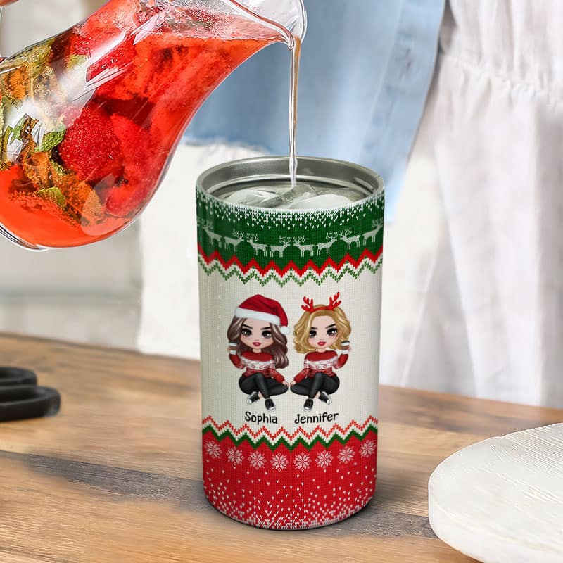 Besties Sisters Christmas Ugly Sweater Pattern Personalized 4 In 1 Can Cooler - Image 6