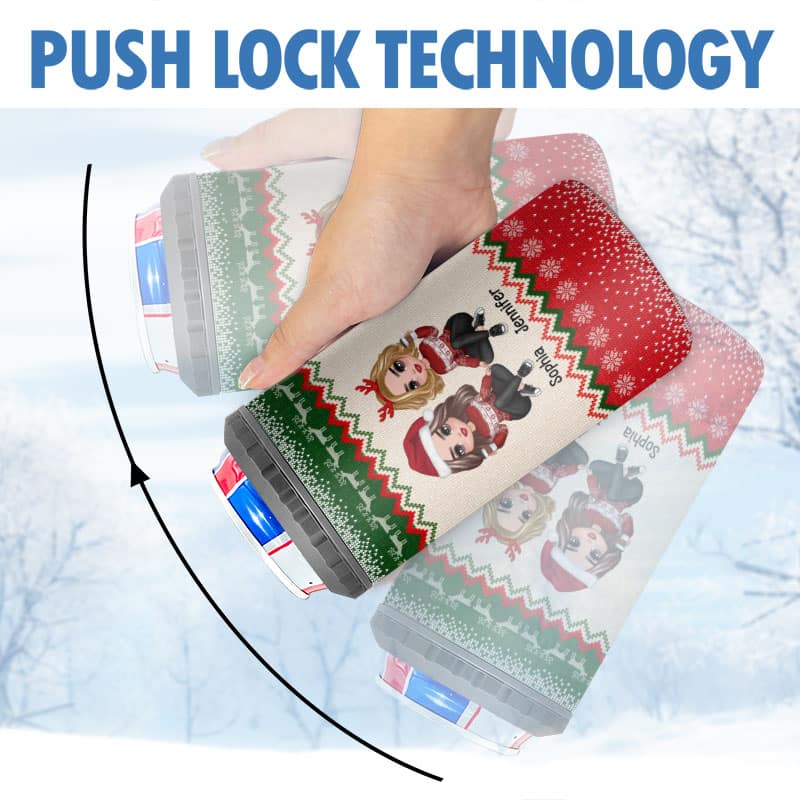 Besties Sisters Christmas Ugly Sweater Pattern Personalized 4 In 1 Can Cooler - Image 8